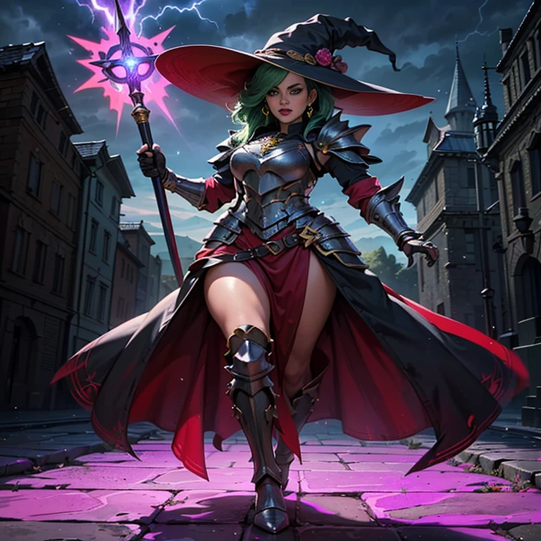 Offensive witch, attack, staff, magical, fantasy, blood, war, angry face, 