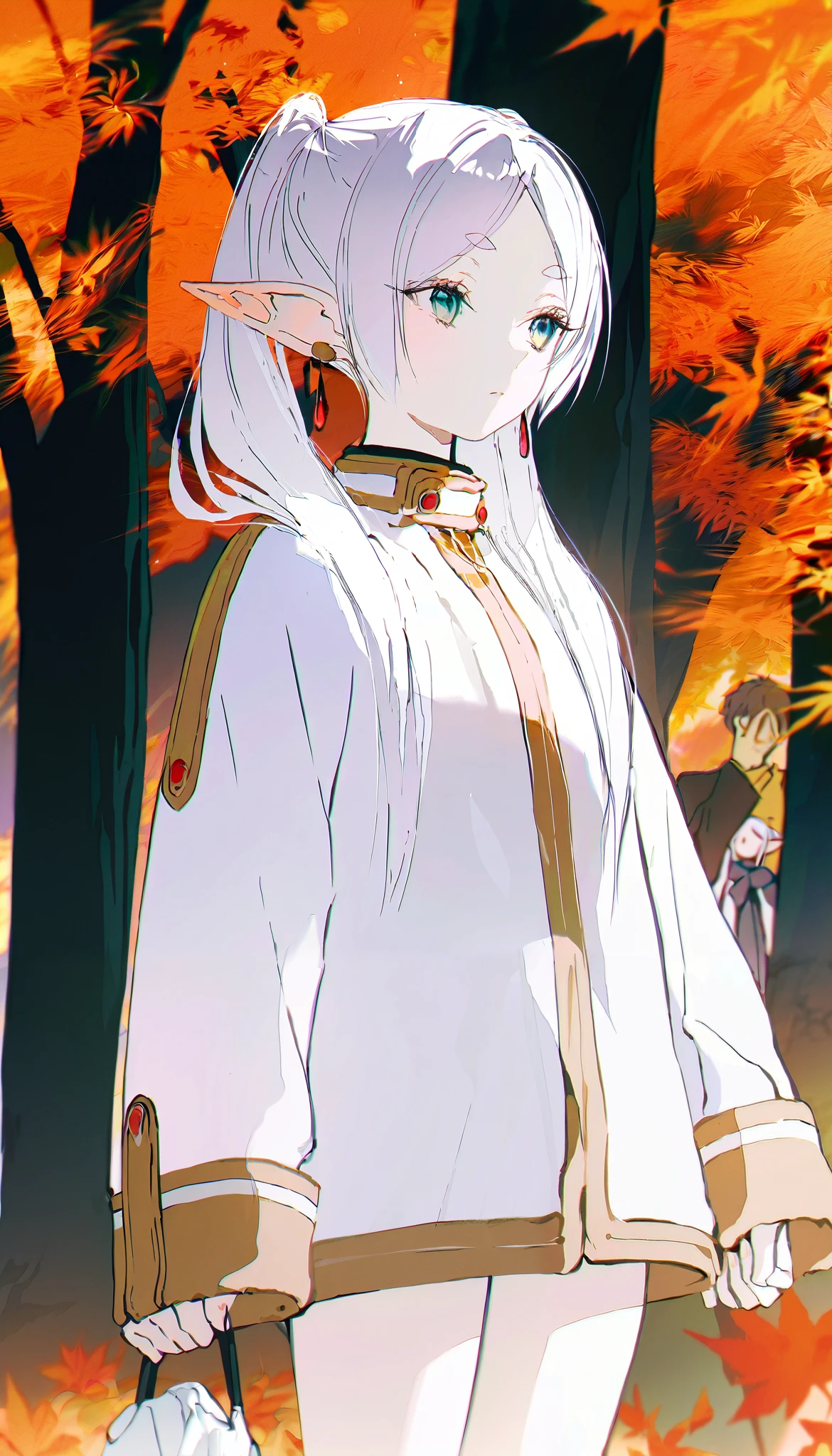 artist:gomzi,artist:wanke,artist:diyokama (masterpiece:1.2), (high quality:1.2), (ultra detailed: 1.2), (detailed background:1.2),
artist:gomzi,artist:wanke,artist:diyokama,frieren, sousou_no_frieren,
((((alternate_costume)))), 1girl, Standing under a tree with autumn leaves