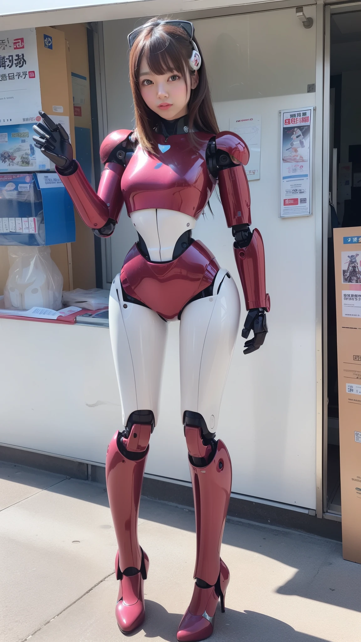 (Photorealsitic:1.4)、Onegirl、(akihabara)、(top-quality)、(hyperdetailed face)、(Robot Girl)、(Mobile suit style)、(10Head and body)、(Burgundy)、(Silver)、(Standing with legs open)、(Hands on hips)