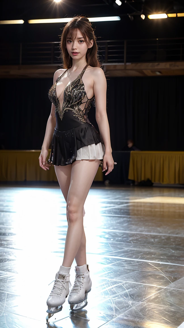 ((full length body and legs pose)), ((masterpiece)), ((best quality)), (high-resolution), (photo-realistic), (ultra-high detailed), (1girl), ((low cut)) dress with laced sides, split skirt, plain background
