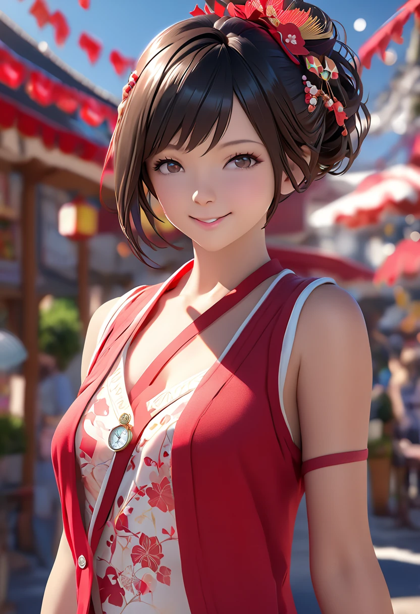 A beautiful woman, city,(standard silk cheongsam), (flower chignon), (gold embroidery thread), (slik), outdoor chinese restaurant, open mouth smile, ((black hair)), little blush, side, (breast), Reflecting the buttocks, greet guests