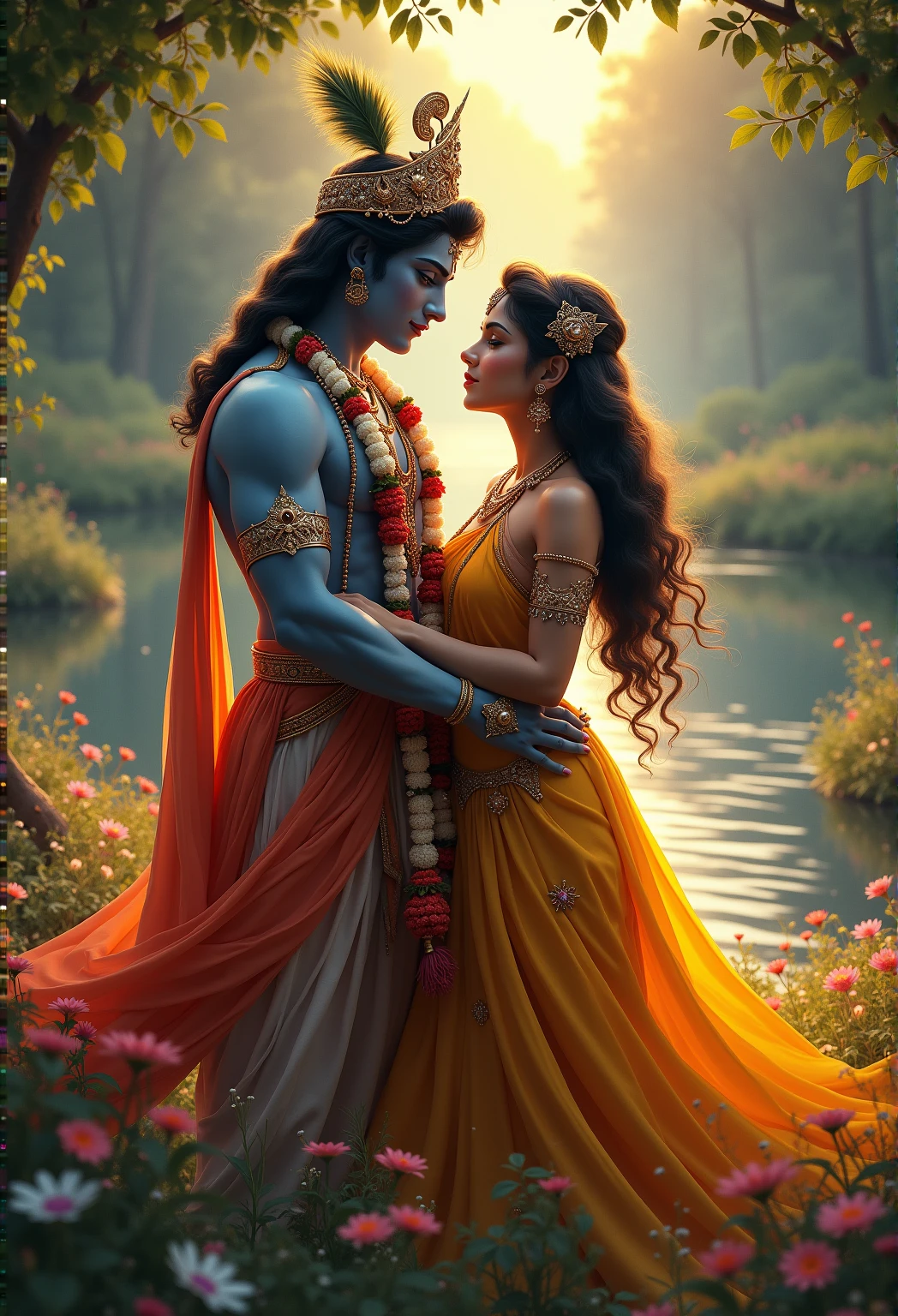 Krishna Radha Cute kiss pose 20 years old in village , create high quality realistic image, Landscape of a village, bight sky, vibrant colors, looking with smile, environment is background is of garden, image should ultra clear, hyper realistic, high quality 4k , peacock and birds