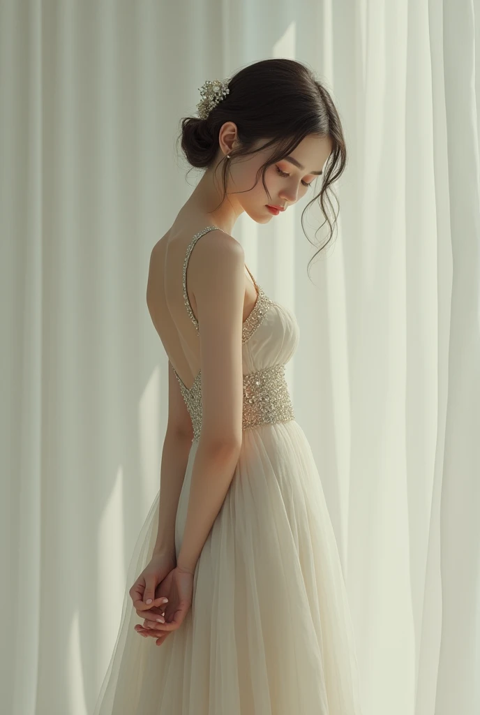 Realistic photo style, whole body 사진에 아름다운 아시아 소녀가 등장합니다., Wearing a unique ethnic style evening gown on her delicate skin.., bright and lively eyes, Thick eyelashes that look exceptionally attractive. Long dresses are slim and elegant.., Eye-catching silver jewelry and alcohol. The high collar design adds an elegant atmosphere.., Color of blue and white porcelain. using light and shadow, The vivid and harmonious appearance of the protagonist was highlighted..... whole body, (masterpiece, best quality, professional, perfect composition, very aesthetic, absurd, very detailed, intricate details:1.3)