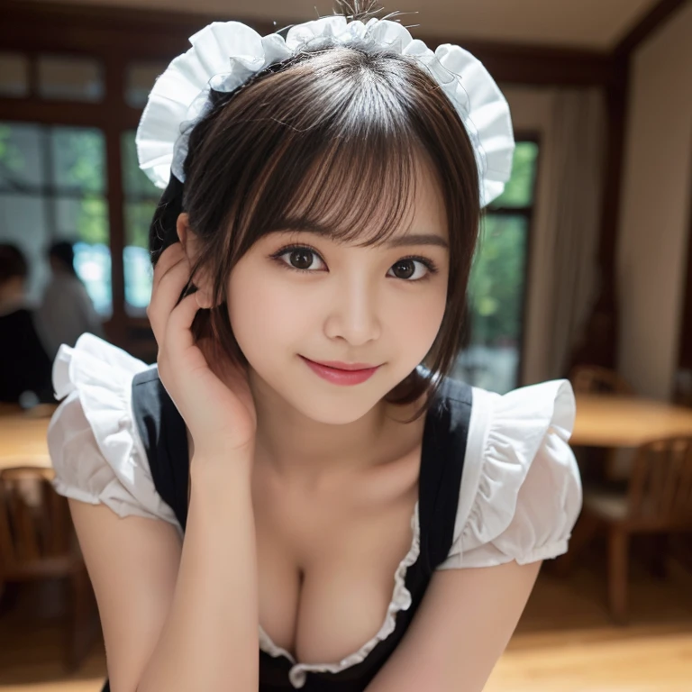 bangs,(Large Breasts:1.2),(Highest quality,masterpiece:1.2),one person,one person,alone,Fair skin,8k,Ultra-high resolution,Super detailed,Highest quality,Look at the viewers、Perfect lighting,flat light,super high quality,Ultra-high resolution,masterpiece,Realistic,Detailed face,Perfect Anatomy,Slender body、Young face、smile、Sweating、Flushed Cheeks、((Please show me your whole body))、((Please wear black maid clothes))、((Please clean up))、Beautiful feet、((Baby Face))、round face、((light makeup))、((Sweaty))、Small waist,(((maid, maid apron, Maid Headdress))),Please wipe the floor with a cloth.