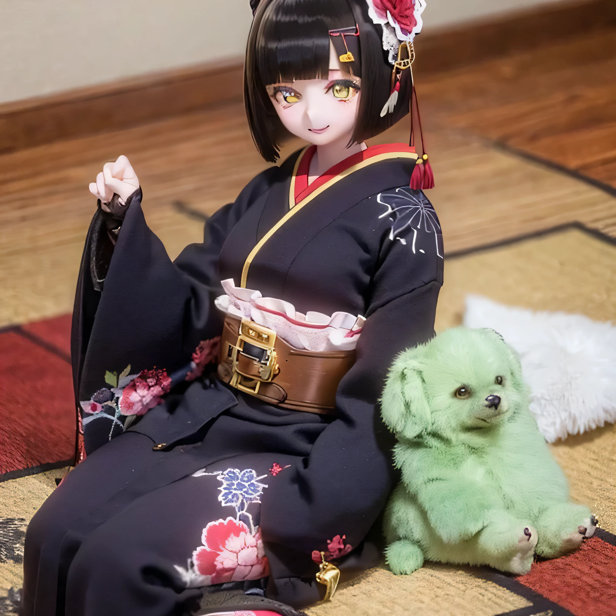 ( Please redeem , high resolution,Masterpiece:1.2), tall Highly detailed , realistic,(Me in a kimono, beautiful details, Beautiful Lip Details , tall Highly detailed 目と顔,long eyelashes), Traditional Japanese Costumes ,geisha, hairpin,Delicate embroidery, floral,Sleeves flow, Harmonious Colors , Soft Writing 、Smiling face with a fan、 bob cut、 black hair、 Sit straight on tatami mat 