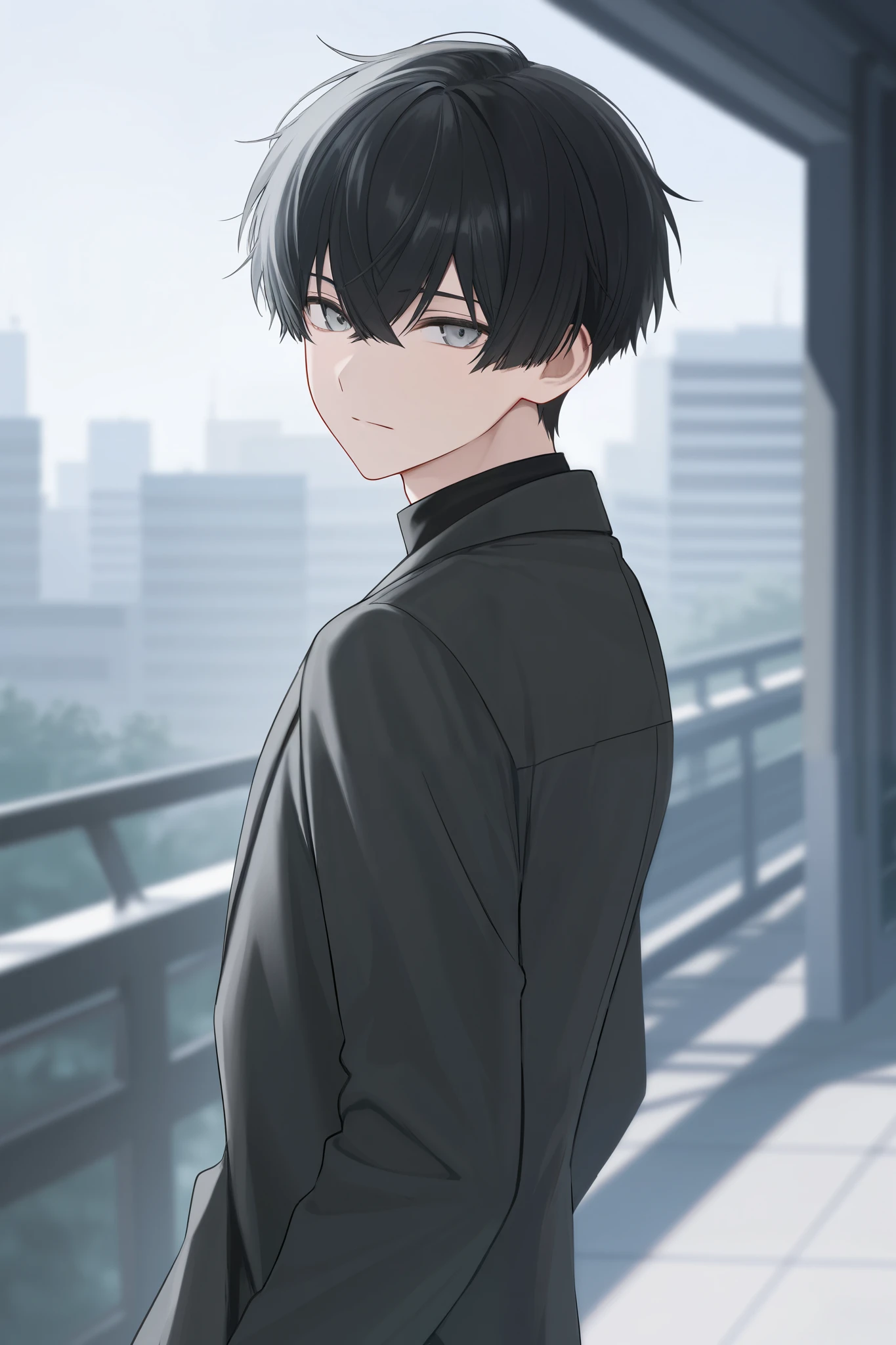 Anime boy with short black hair and grey eyes
