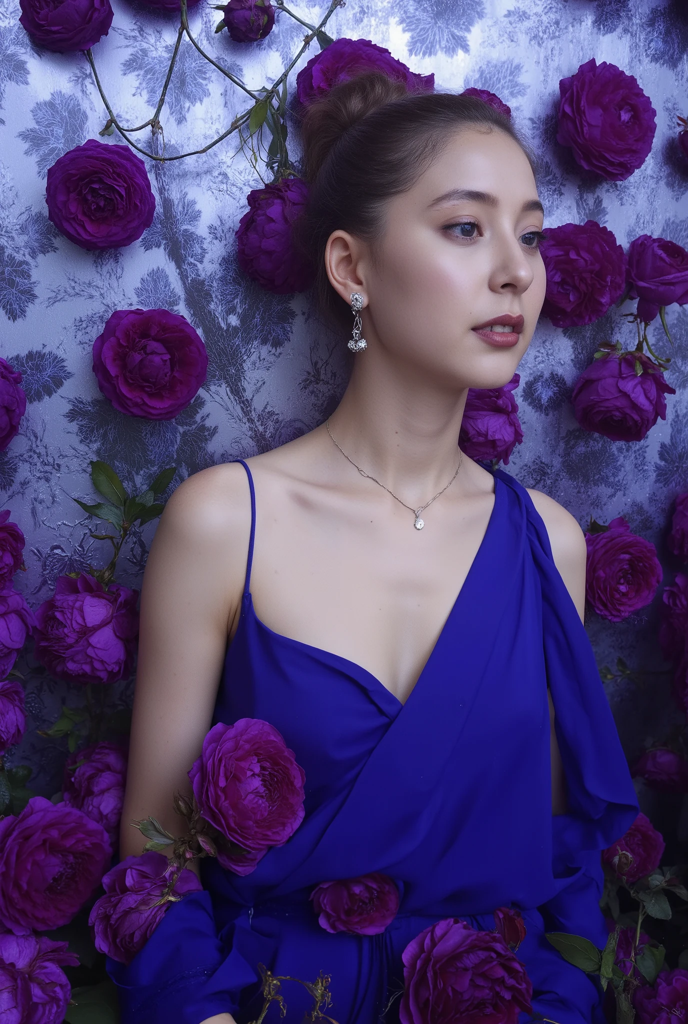 The image showcases a young woman wearing necklace and earrings with pale skin and makeup. She is positioned against a strikingly vibrant silver background, which is filled with violet rose flowers. The flowers dominate the composition, adding a dramatic and intense contrast to her skin tone and overall appearance.
The woman is dressed in indigo blue silk dress, which drapes softly over her shoulders, leaving her upper back and one breast exposed. Her expression is calm and slightly mysterious, with her gaze directed slightly to the side, away from the camera. The flowers, some of which overlap with her figure, create a dreamy and surreal atmosphere, as if she is blending into or emerging from the floral background., 