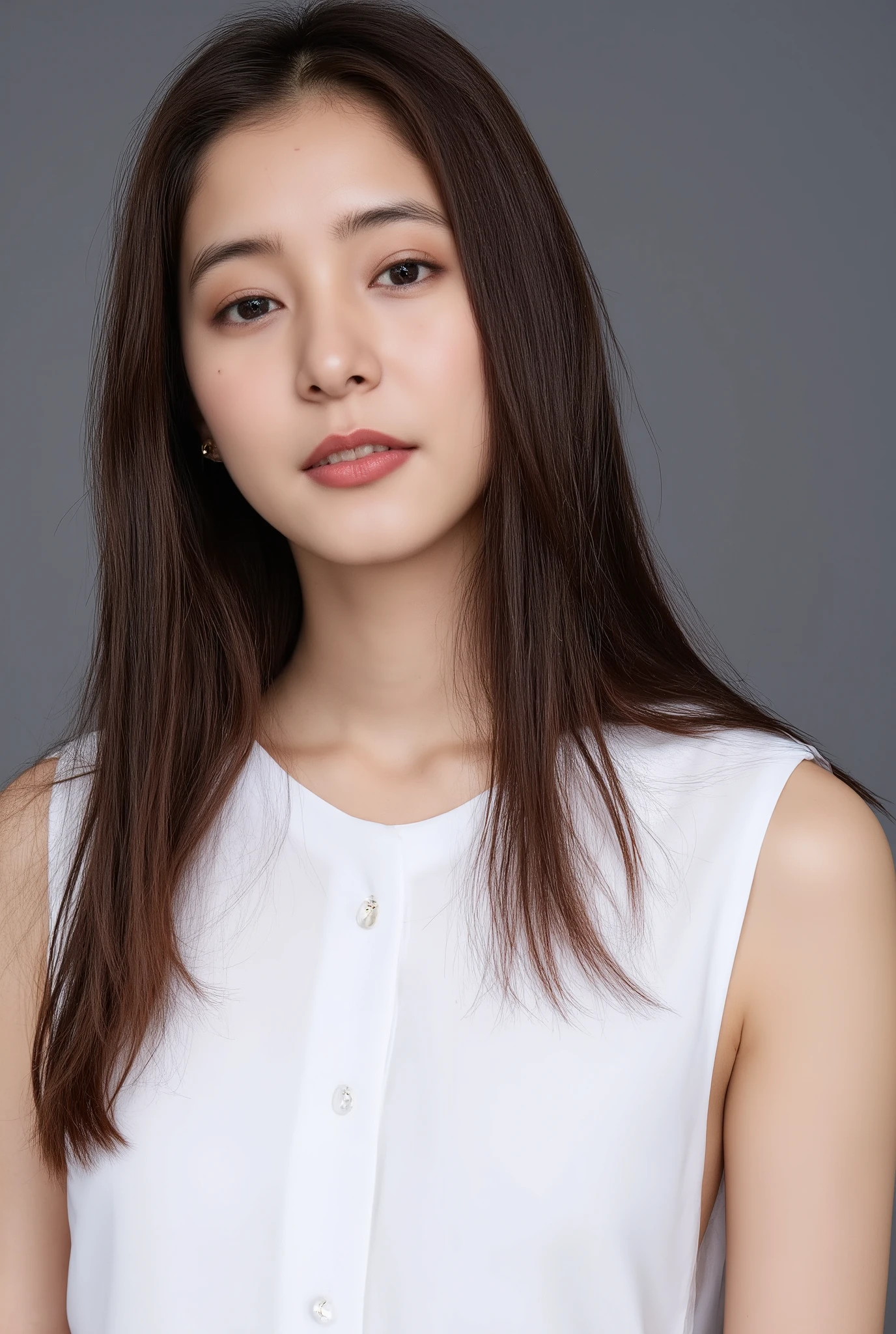 medium full shot of beautiful asian girl with long hair, wearing white sleeveless dress, gray background, studio lighting, necklace, dslr, studio lighting, high quality, film grain, light reflections, blood vessels, pale skin, skin pores,blood vessels in sclera, detailed skin, beauty spots, skin fuzz,.