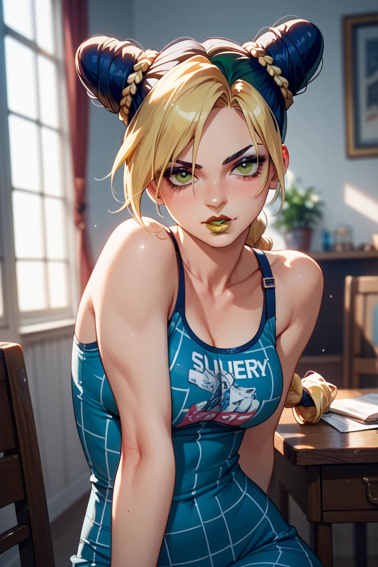 score_9, score_8_above, score_8, score_9, 1 girl, Jolyne Cujoh, white leggings, black sports bra, sit at the desk, grabbing the ass, Squeezing the, from behind, huge ass, Perfect rounded, looking at the viewer, interior, taking photos in the mirror, holding the phone, soft body, smile, classroom, in classroom, maestro