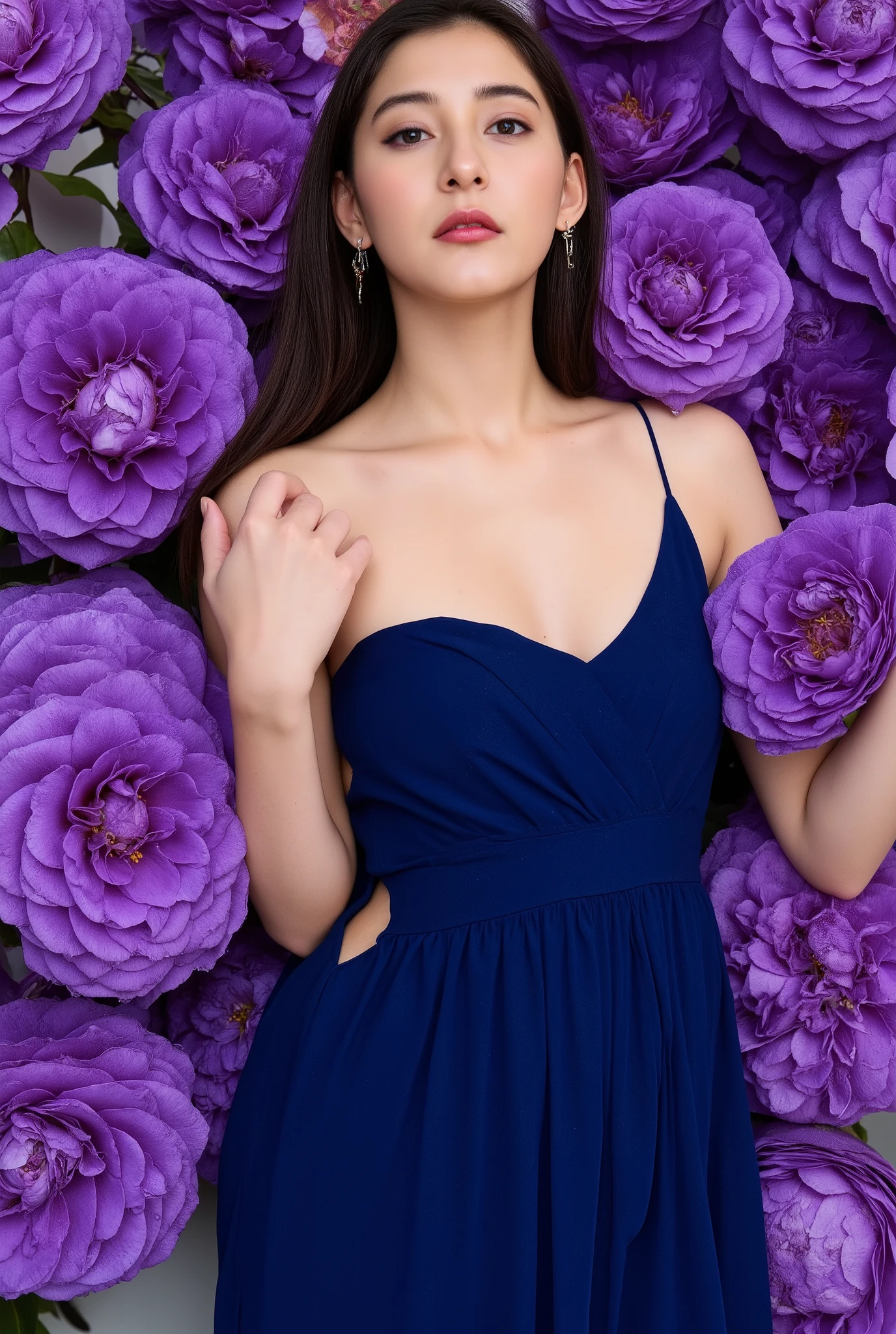 The image showcases a young woman wearing necklace and earrings with pale skin and makeup. She is positioned against a strikingly vibrant silver background, which is filled with large violet rose flowers. The flowers dominate the composition, adding a dramatic and intense contrast to her skin tone and overall appearance.
The woman is dressed in indigo blue gown, which drapes softly over her shoulders, leaving her upper back and one shoulder exposed. Her expression is calm and slightly mysterious, with her gaze directed slightly to the side, away from the camera. The large flowers, some of which overlap with her figure, create a dreamy and surreal atmosphere, as if she is blending into or emerging from the floral background.,