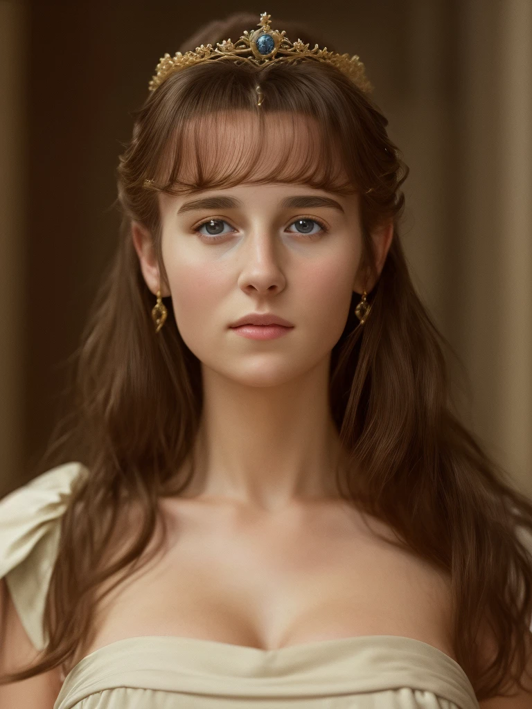 close up, the 90s scene movie, a young woman in standing in a palace in the ancient greek period, a screen shot by Chen jiru, featured on tumblr, aestheticism, drama movie, handsome, movie still, 1990s, look like taylor swift, film grain, the ancient greek periody outfit, Greek mythology era