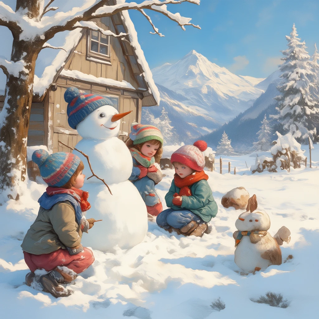 Painting of children building a snowman in the snow with a dog - SeaArt AI