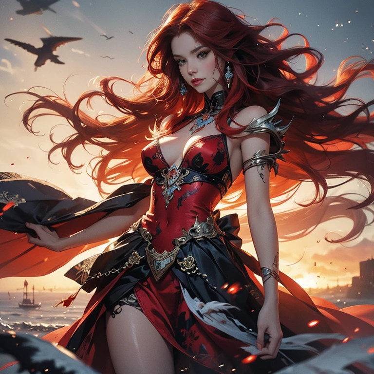 A picture.the last dawn of a vampire woman in a red-scarlet translucent naked dress.full length.Beautiful long hair develops in the wind.Vamp girl smiles cutely with her vampire smile.. , Julie Bell Бипл, Julie Bell, Alena Enami and Artgerm, Detailed 4k digital art, stunning artwork in 8k, Highly detailed 4K digital art, beautiful art uhd 4k, beautiful digital images, 4k fantasy art, 4k digital image, Epic fantasy in digital art style
