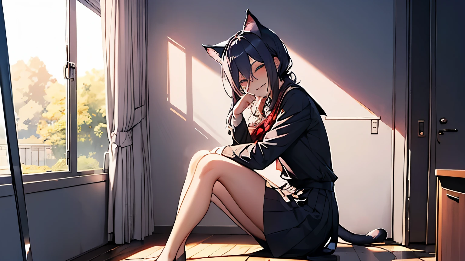 Colorful hair and colorful dress in anime. (( a girl with cat ears)), school uniform pastel vivido, rossdraws vivid cartoons , anime style 4k, beautiful anime portrait, germ of colorful art!!!、! Dream Art Germ , beautiful anime, Cat's ear 1 girl , anime style digital art, anime art wallpaper 4k , anime art wallpaper 4k , digital animated art, highly detailed art germ, school uniform , full body, sitting in her office, front view, smiling, black hair with red gradient