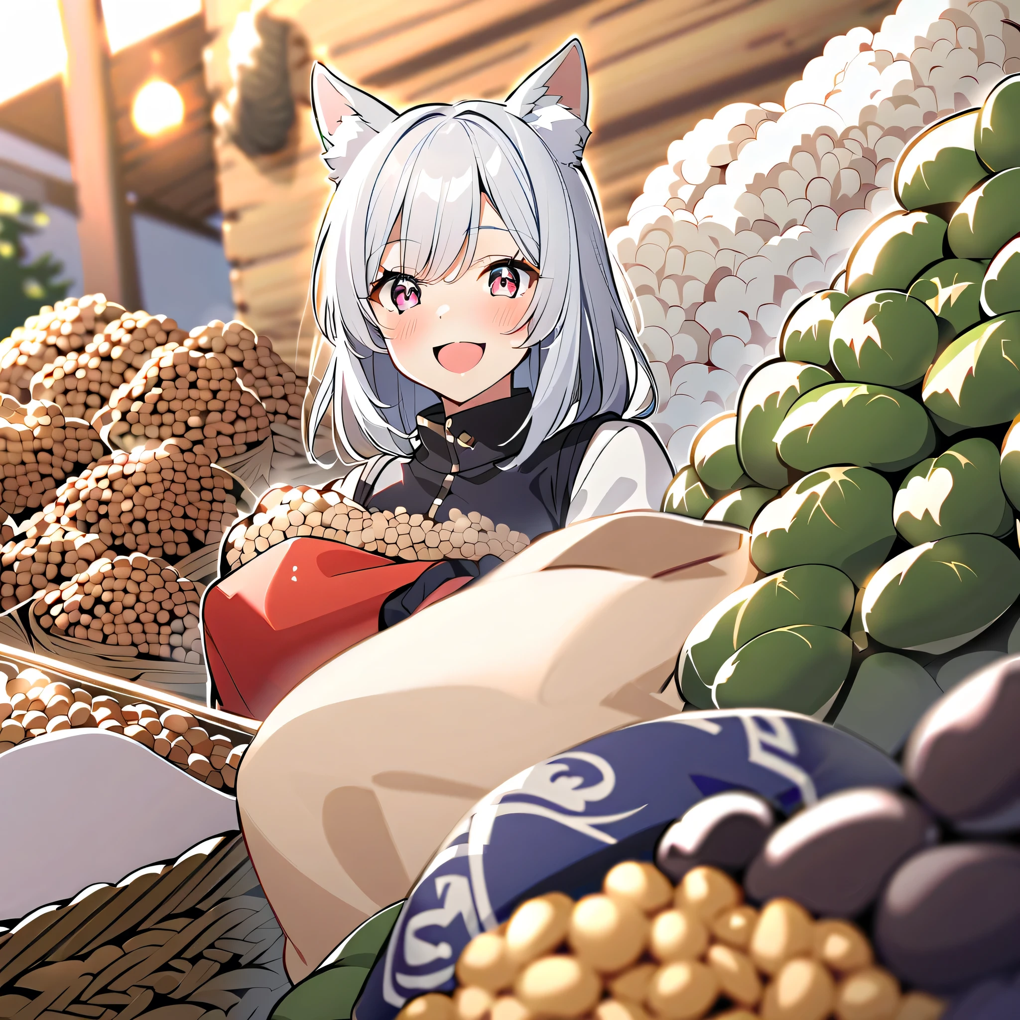winter，smile，      girl with dog ears，                Silver Hair，    White Ear，  Setsubun，  Throw a lot of beans