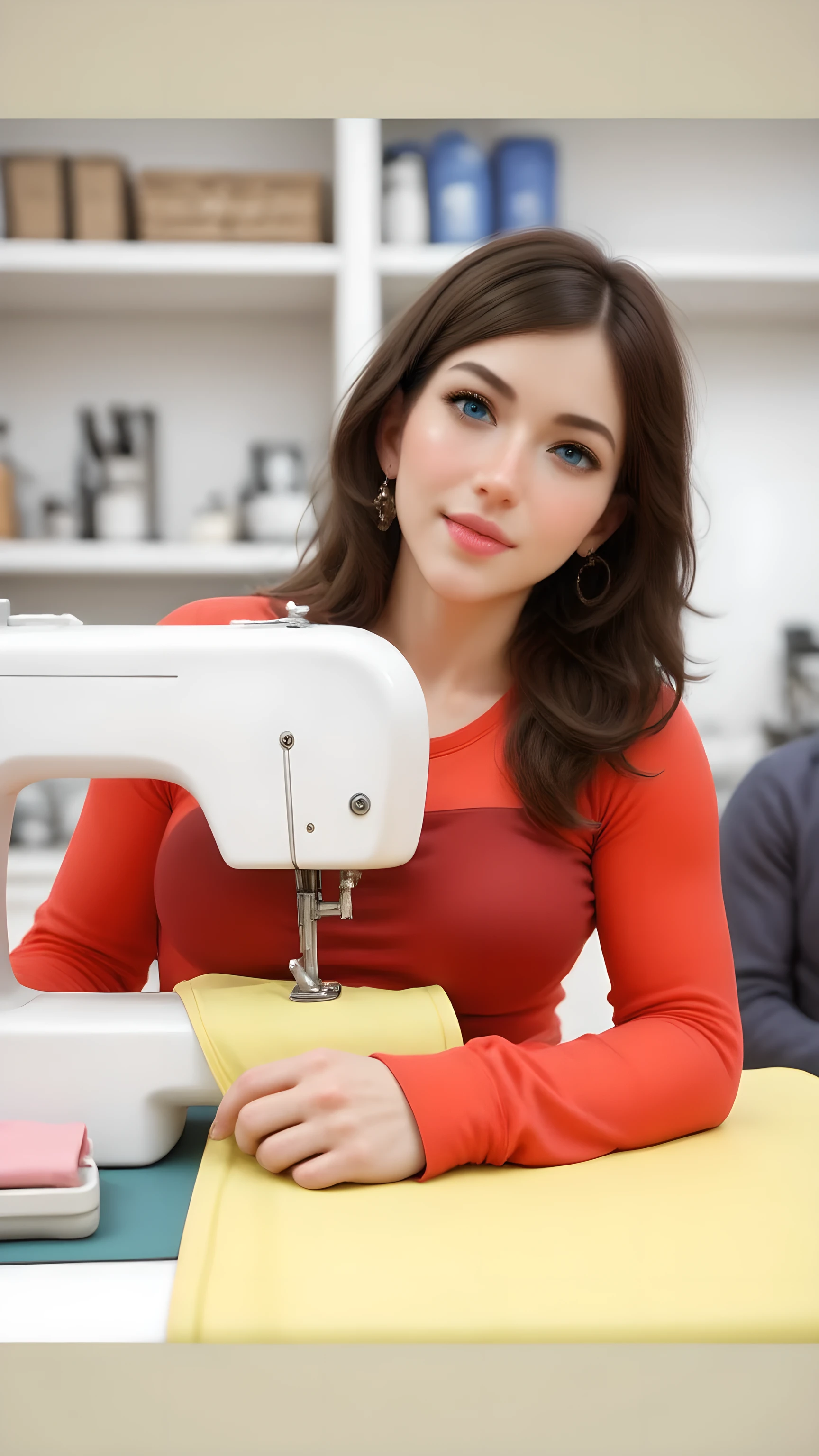 woman sewing on a sewing machine in a room, épaule devant pose, wearing a designer top, fashion designer, crafting, long flowing fabric, evening time, small manufacture, working hard, print ready, craftsmanship, close establishing shot, 1614572159, flowing realistic fabric, 2717433015, A symmetrically balanced ultra-wide angle image of a modern interior landscape. In the foreground, a single smiling, lively female tailor with shiny hair is operating a sewing machine. The scene is set with a cinematic soft lighting concept, providing a uhd ambience. The background features wide central leading lines, enhancing the depth of the field. The image has a realistic upscale 3D CG shader, with lifelike hands and accurately detailed human fingers. The overall style is a blend of fashion advertising and Unreal Engine art, with influences from Artstation, Deviantart, and SilkpunkAi artwork.Breasts,
