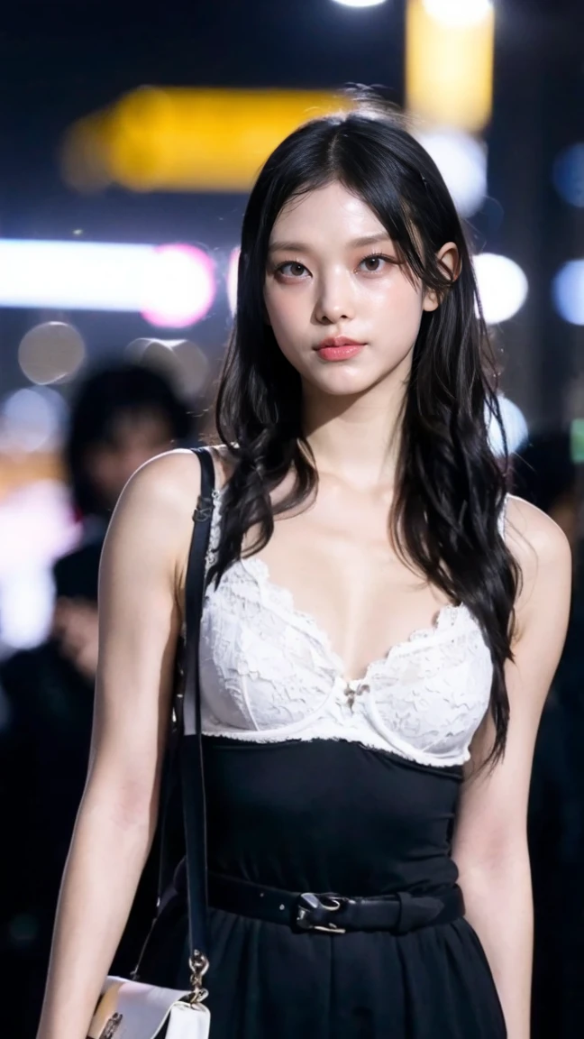 (8k, RAW photos, best quality, tmasterpiece:2), (realistic, photograph realistic:2), (masterpiece, best quality, High detail, Best image quality, super detailed, high resolution, Very detailed, Best quality, Extreme detail description, hyperdetailed painting), (An extremely delicate and beautiful work), Beautiful detailed girl, ((shirt lift, lifted by self)), Very detailed eyes and face, Beautiful detailed eyes, Masterpiece, fair skin, noble beauty, very detailed facial, detailed skin structure, perfect anatomy, perfect figure, ((perfect body)), Beautiful detailed whole body, delicate face, fine collar bone, lovely lips, Behind the softness, ((beautiful thighs)), (((slim waist, slender abs))), ((big breasts, Bulging breasts, crisp breasts)), ((cleavage)), (soulful eyes, glowing eyes, beautiful and clear eyes), (bounce bun hair), (smiling eyes headline), (Enchanted expression), (seductive look), (charming), ((An extremely detailed and elegant discsee-through dark blue lace shirt, black fur coat and skirt, black hose)), head gear, highly detailed necklace, delicate hair clip, Delicate earrings, ((view over street, city, midnight)), ((the night)), physically-based rendering, (((the body from the thighs up))), (((overlooking at viewer)))