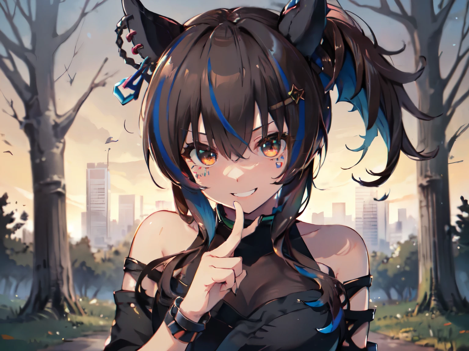 ((( The Greatest Masterpiece、 highest resolution、 best quality 、８k)))、((solo)),((alone)),Chest Watch 、 upper body close-up 、((( super erotic)))、Big Breasts、(((Kunoichi Ninja )))、 horse ears、 black hair、((( long hair)))、Black clothes、(( dynamic posing))、Satanic Laugh 、 looking at camera 、(Red Sky)、 in the woods、