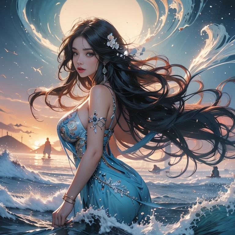 (masterpiece, best quality), ((1girl, solo, long hair)), Ishmael_limbus, innocence expression, bare arms, bare shoulders, bare neck, watercolor, sundress, liquid clothes, water, waves, water dress, blue_theme, night, mist, dark, sharp focus, sea, see-through dress, orange hair