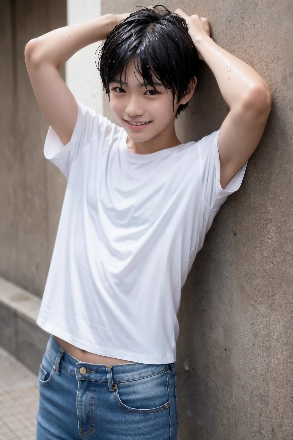 Japanese
18 year old male high school student
A boy whose whole body is wet in the rain
short hair
manly face
The skin is beautiful
1 person
white t-shirt
My whole body is wet and my nipples stand out
denim shorts
I can see my abs a little
Poses where arms are crossed above the head
Smiles provocatively