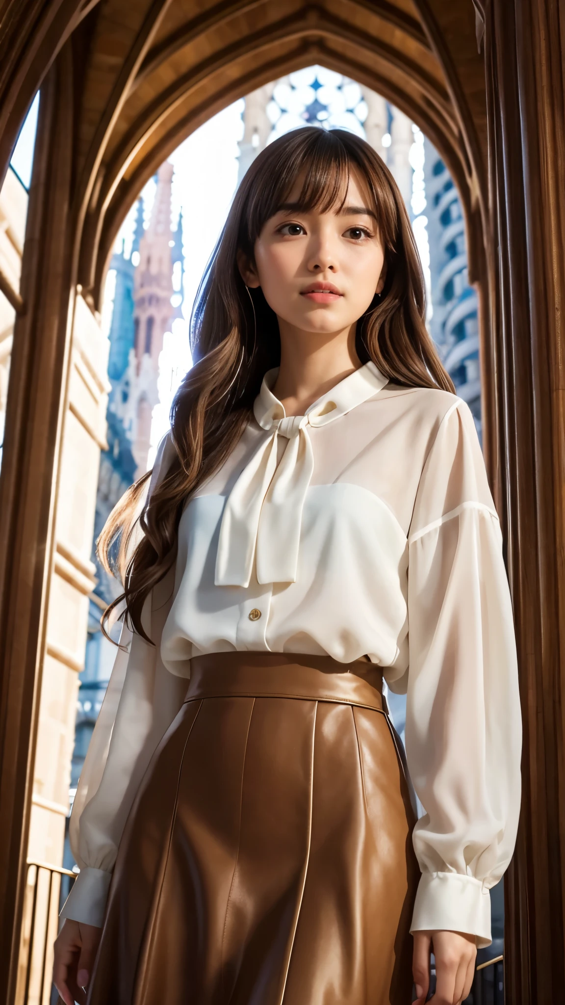 Generate a detailed and realistic image of the exterior of the Sagrada Família, focusing on the entrance area with its intricate and ornate architectural details. The grand facade, featuring intricate carvings and towering spires, is prominently displayed in the background. A beautiful and delicate Japanese age girl with long brown hair, parted bangs, and brown eyes is captured in a bust-up angle, emphasizing her elegant features and subtle expressions. She is wearing an off-white chiffon blouse with a ribbon tie that is carefully lined to ensure it is not see-through, paired with a sky-blue A-line midi skirt made from a thick, opaque fabric. Her appearance includes symmetrical eyes, with soft highlights in her brown irises, very fine facial details, and perfectly shaped, anthropomorphically correct fingers. The composition highlights her graceful and modest demeanor, with the iconic entrance of the Sagrada Família creating a vibrant and captivating backdrop. The image is rendered in super-detailed, 8K-level quality, focusing on elegance, beauty, and architectural grandeur.