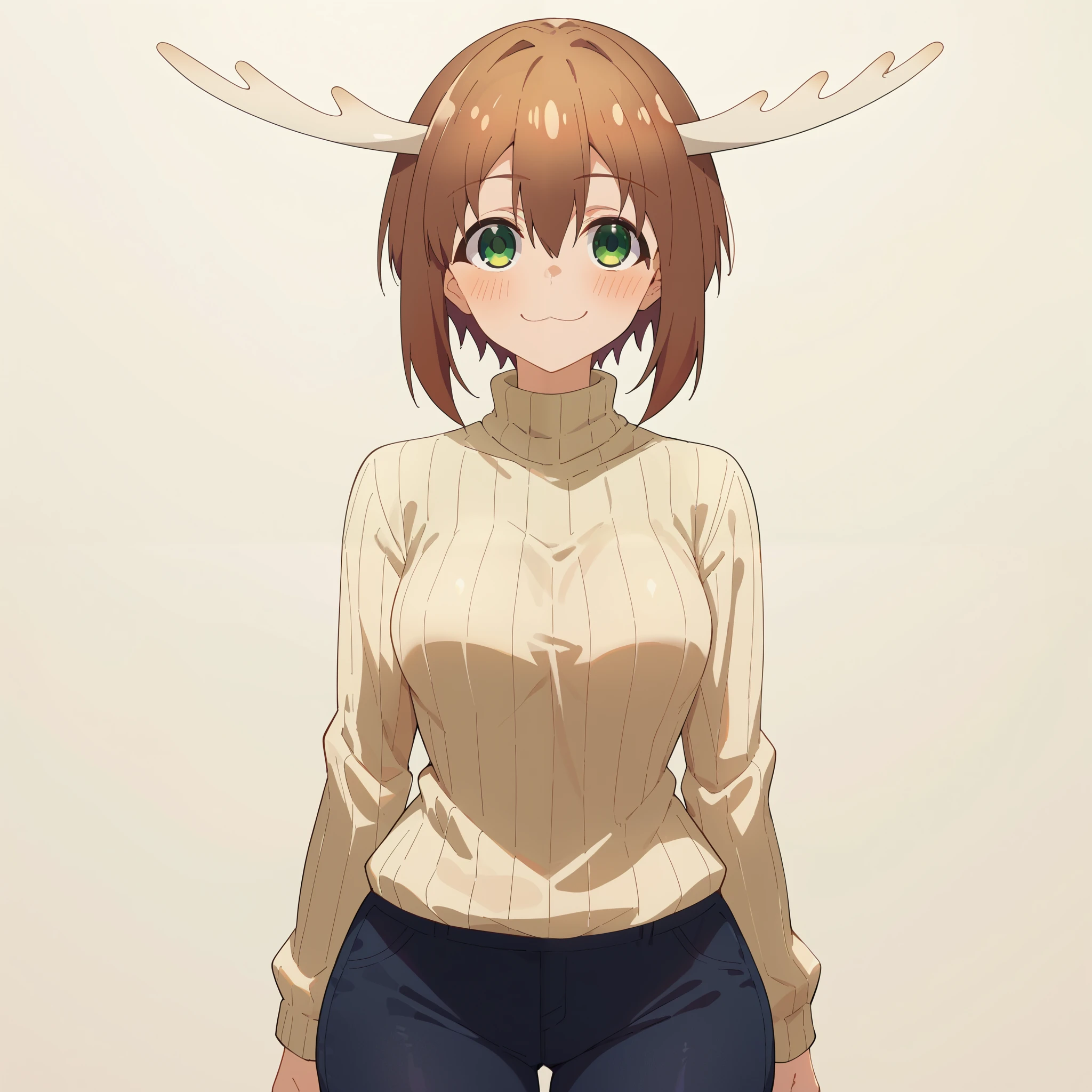 1girl, solo, noko shikanoko, short hair, bangs, brown hair, hair between eyes, green eyes, horns, medium breasts, wide hips, thick thighs, white turtleneck ribbed sweater, black pants, blushed, smile, standing, looking at viewer, simple background, from the front view
