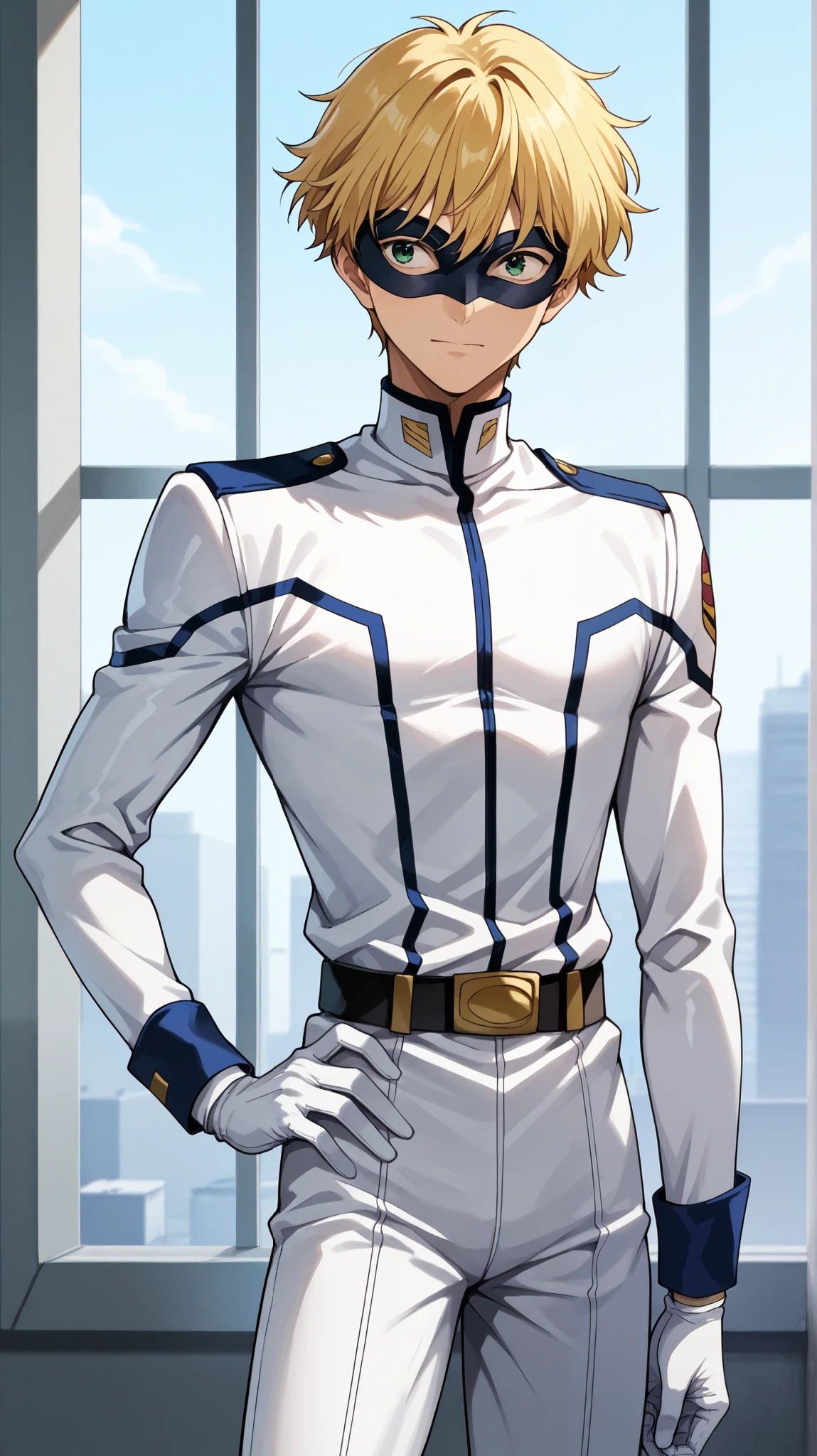 Domino masked men anime,solo,male focus,uniform,white body suit,full eye mask,white glove