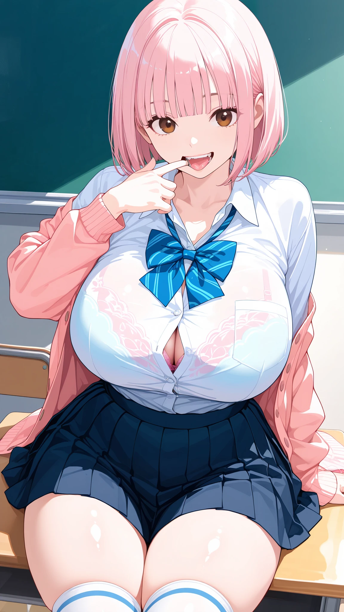 nsfw,( Ultra Details, Masterpiece , Top Quality, 8k, very aesthetic, realistic detailed CG , sharp concentration , Ultra Fine), 1 girl, ( school uniform, cardigan, relaxing in pastel colors, pleated skirt, and knee-high socks , button gap ),faintly visible pink inner bra, ( Beautiful Eyes Details, textured skin, Beautiful skin, long lashes, brown eyes, round eyes), (Beautiful detailed hair, blunt bangs , bob cut, LIGHT PINK HAIR ), (smile, plump lips, open your mouth), (huge breasts, Saggy Breasts , plump, [ Wide Hips , thighs), 魅惑的な thighs , Detailed skin, ( classroom overflowing with sperm), ( shiny skin with s:1.3, shiny skin:1.3), ( slits in front, fingers in the mouth)
