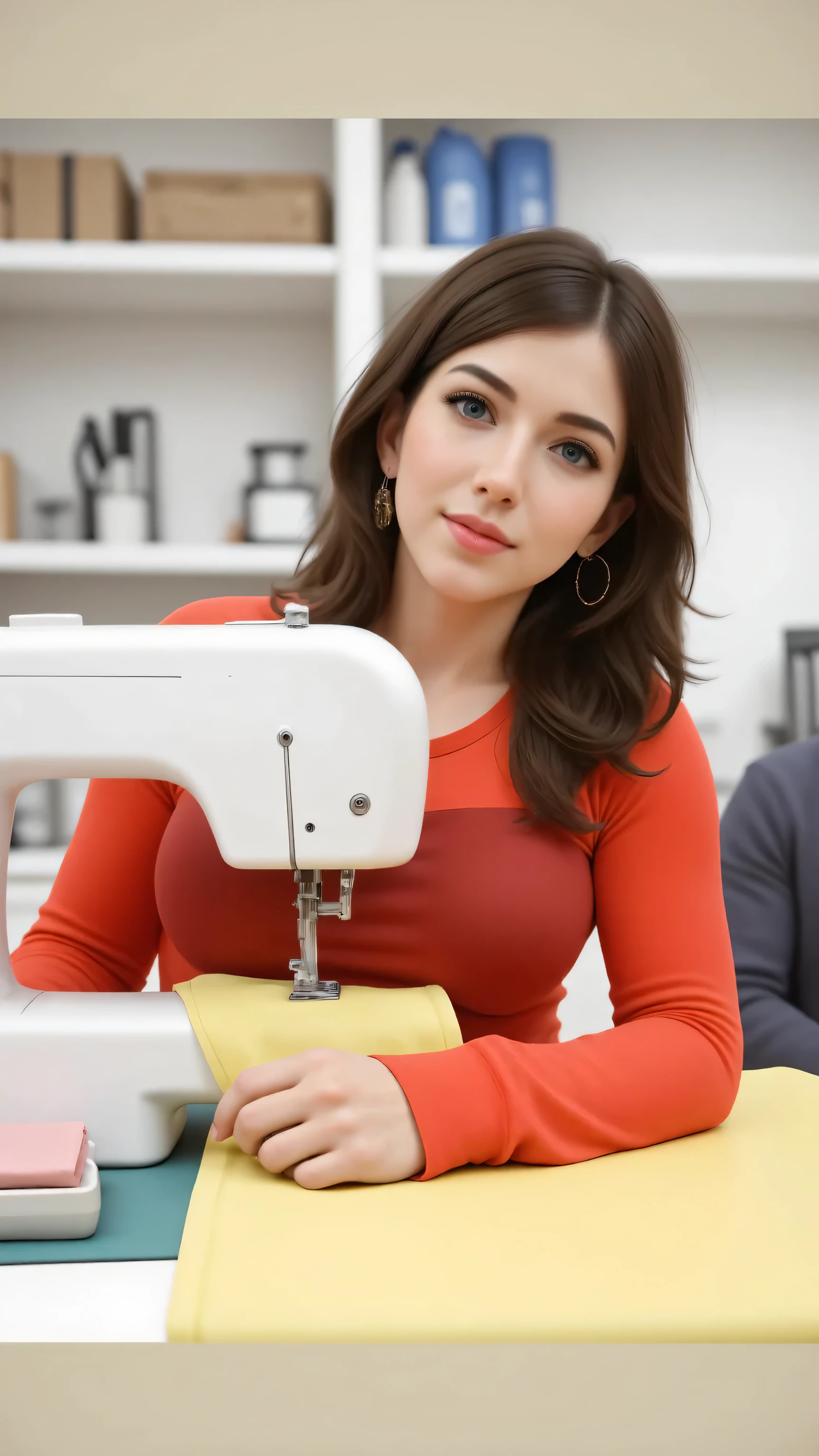 woman sewing on a sewing machine in a room, épaule devant pose, wearing a designer top, fashion designer, crafting, long flowing fabric, evening time, small manufacture, working hard, print ready, craftsmanship, close establishing shot, 1614572159, flowing realistic fabric, 2717433015, A symmetrically balanced ultra-wide angle image of a modern interior landscape. In the foreground, a single smiling, lively female tailor with shiny hair is operating a sewing machine. The scene is set with a cinematic soft lighting concept, providing a uhd ambience. The background features wide central leading lines, enhancing the depth of the field. The image has a realistic upscale 3D CG shader, with lifelike hands and accurately detailed human fingers. The overall style is a blend of fashion advertising and Unreal Engine art, with influences from Artstation, Deviantart, and SilkpunkAi artwork.Breasts,