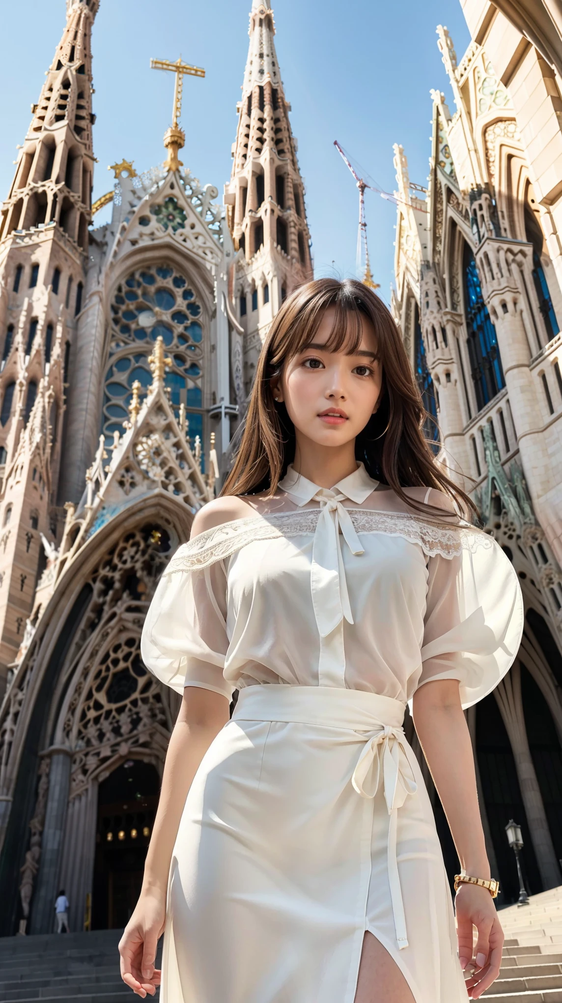 Generate a detailed and realistic image of the exterior of the Sagrada Família, focusing on the entrance area with its intricate and ornate architectural details. The grand facade, featuring intricate carvings and towering spires, is prominently displayed in the background. A beautiful and delicate Japanese age girl with long brown hair, parted bangs, and brown eyes is captured in a bust-up angle, emphasizing her elegant features and subtle expressions. She is wearing an off-white chiffon blouse with a ribbon tie that is carefully lined to ensure it is not see-through, paired with a off white A-line midi skirt made from a thick, opaque fabric. Her appearance includes symmetrical eyes, with soft highlights in her brown irises, very fine facial details, and perfectly shaped, anthropomorphically correct fingers. The composition highlights her graceful and modest demeanor, with the iconic entrance of the Sagrada Família creating a vibrant and captivating backdrop. The image is rendered in super-detailed, 8K-level quality, focusing on elegance, beauty, and architectural grandeur.