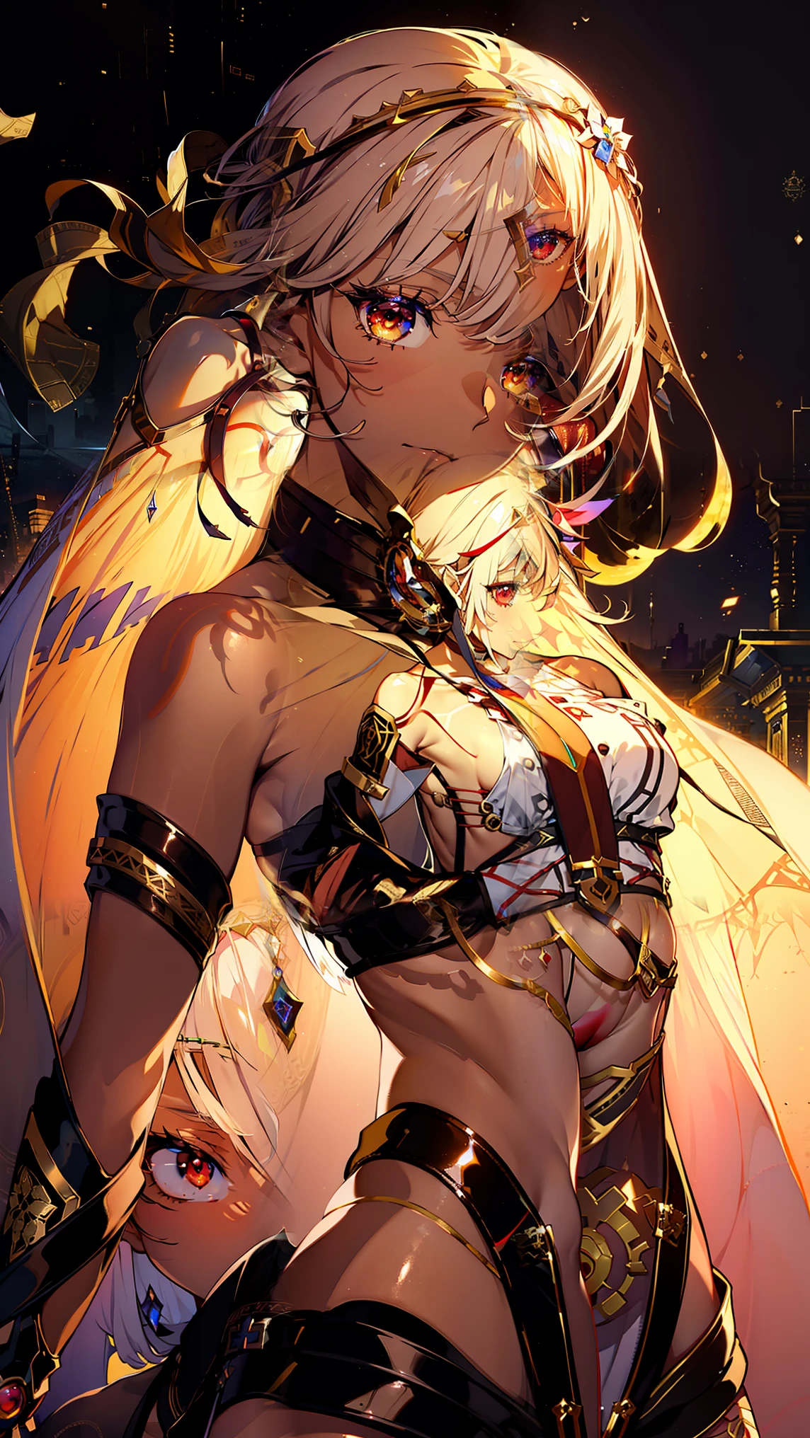 (intenseglare),The other(Fate Grand Order), Brown Skin, Shine_eye, masterpiece,  best quality ,  Official Art, 8k wallpaper, highly detailed, illustration, beautiful eye, soft smile ,  ink painting, small breasts,  1 girl,( upper body),  realistic,red eye,