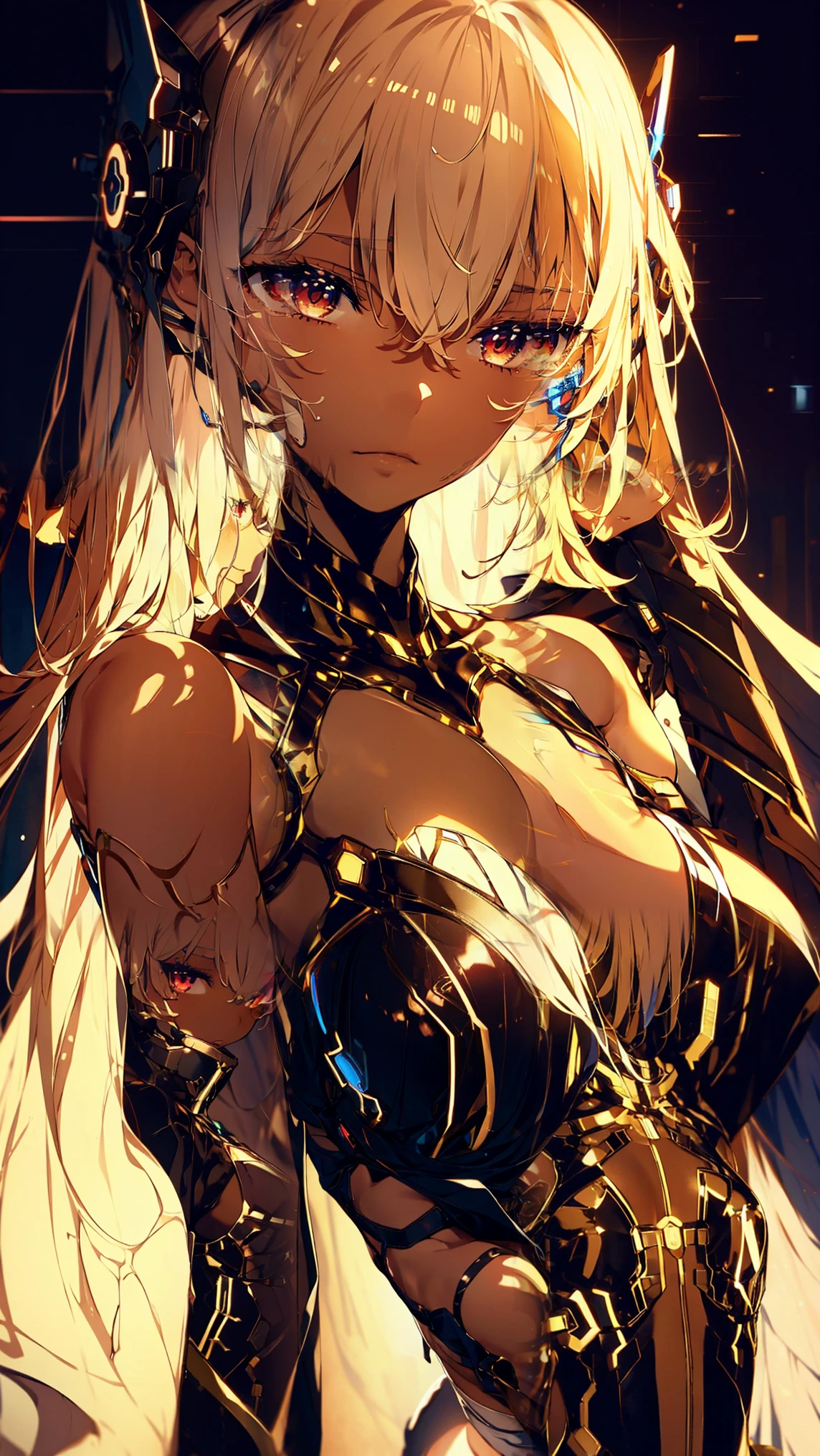 (intenseglare),The other(Fate Grand Order), Brown Skin, Shine_eye, masterpiece, best quality , Official Art, 8k wallpaper, highly detailed, illustration, beautiful eye, soft smile , ink painting, small breasts, 1 girl,( upper body), realistic,red eye,