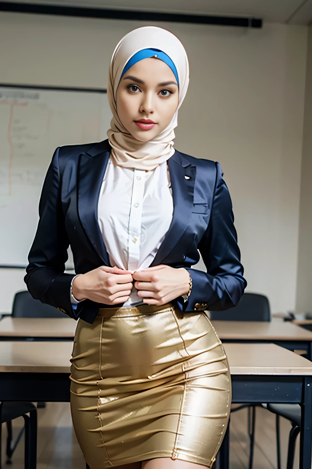 A busty hijabi girl, Arabic ethnicity, brown skin, Muslim, mature woman, wearing a secretary outfit, purple open shirt, black jacket, mini skirt, brow stocking, a black high heel, silk headscarf, big natural breasts, nice rounded ass, cleavage, sexy, thick hips, beautiful feet, smiling at the viewer, top view, in a corporate environment, taking a picture in reunion room, pc wallpaper, 8k, 4k, wallpaper, full body shot, subject in the middle of the frame