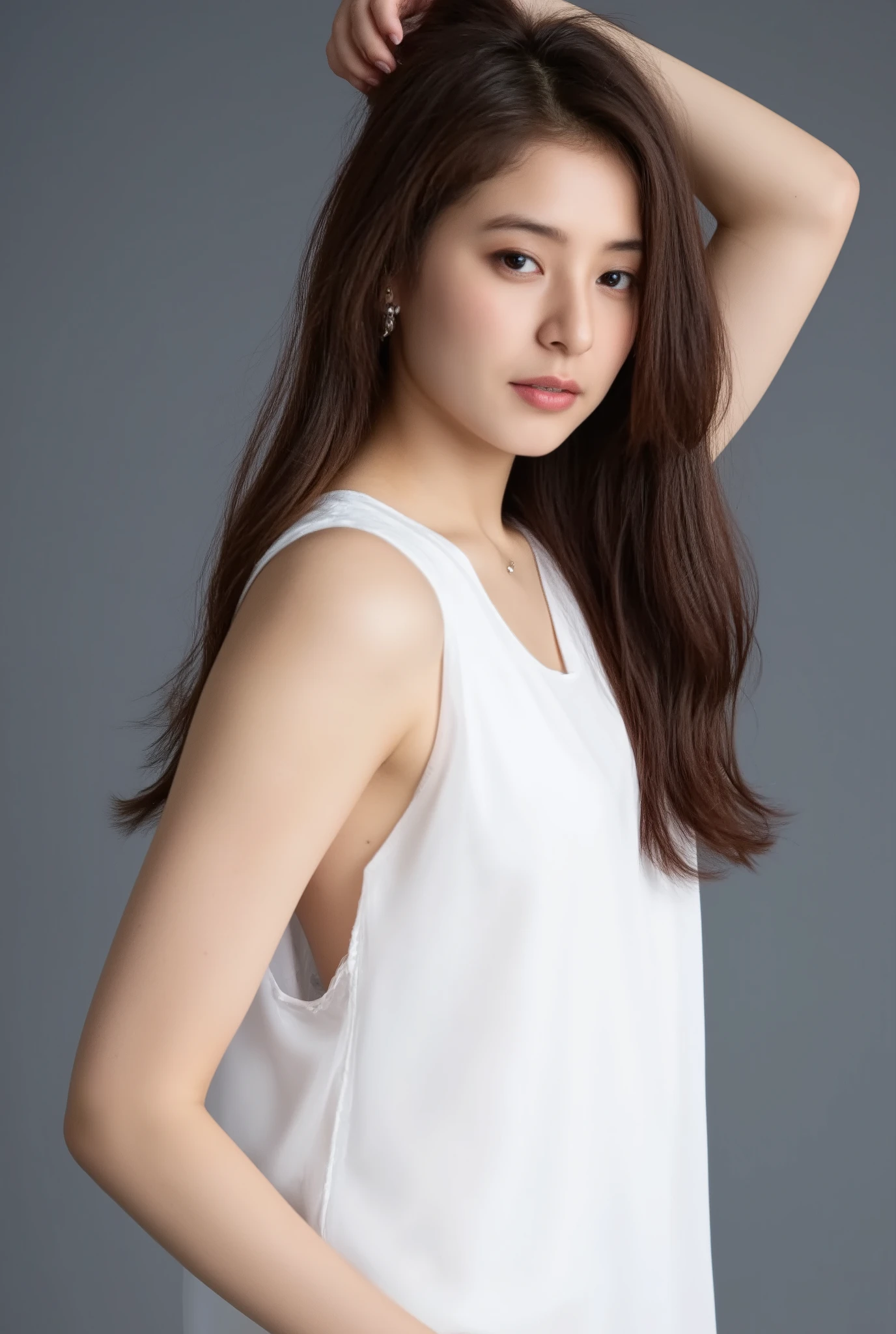 medium full shot of beautiful asian girl  with long  hair, wearing sleeveless transparent white dress, covered nipples, gray background, studio lighting, necklace, dslr, studio lighting, high quality, film grain, light reflections, blood vessels, pale skin, skin pores,blood vessels in sclera, detailed skin, beauty spots, skin fuzz,. 