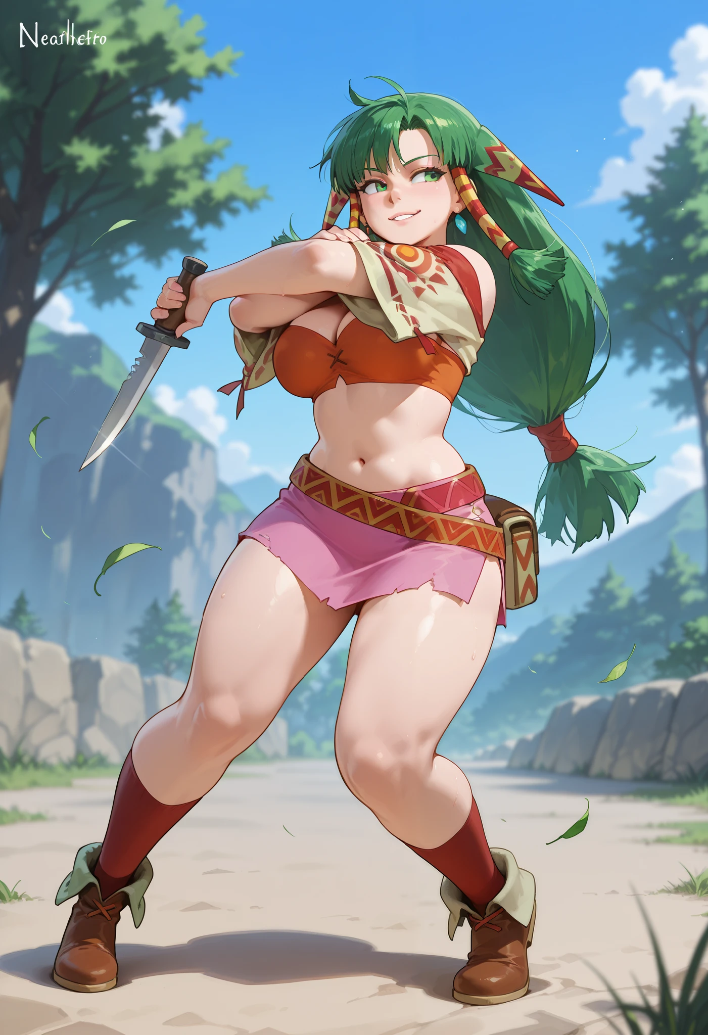 26 yo, face look alike to feena from \(Grandia\), Beautiful Mature young milf, (mature woman with lean perfection abdomen), sweet sweet expression, confident smirk, large natural breasts, Curvy body, (outdoor-holding a jewel-addorned knife with both hands dueal wielding - ready to fight a pack of wolves in fantasy classic Grandia settings), battle stance, solo, 1girl, BREAK, She wears an orange bra top that leaves her abdomen exposed, paired with a small short pink skirt held up by a thin red belt. Covering her arms is a tan-colored shawl adorned patterns on both sleeves. Her long green hair flows down her back, with some sections tied through two patterned hair accessories. She completes her ensemble with ripped red socks that extend past her knees and brown shoes featuring tribal patterns similar to those on her belt and shawl, official arts, dynamic jrpg view, fantastic fantasy vibrant background, fighting monsters,