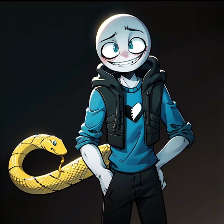 hoodie, 1boy, peter standing, black background,  hands in pockets, simple cropped legs, smiling, holding a yellow snake