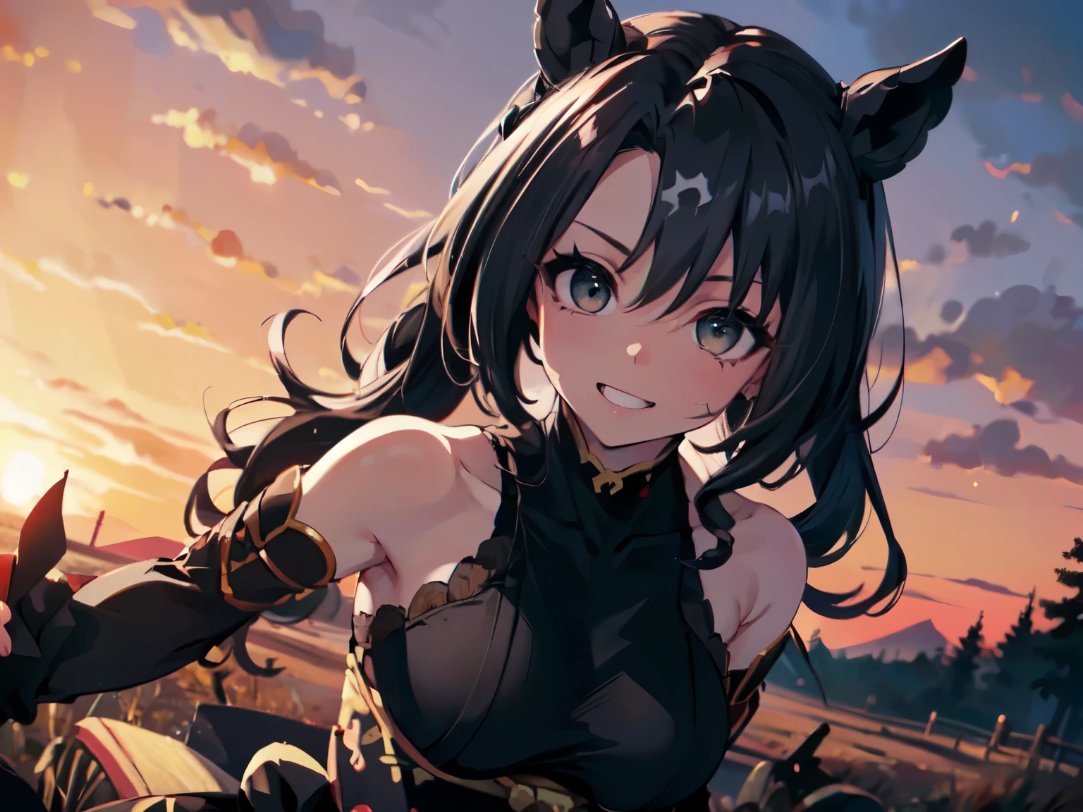 ((( The Greatest Masterpiece、 highest resolution、 best quality 、8k)))、((solo)),((alone)),Chest Watch 、 upper body close-up 、((( super erotic)))、Big Breasts、(((Kunoichi Ninja )))、 horse ears、 black hair、((( long hair)))、Black clothes、((dynamic sideways posing))、Satanic Laugh 、 looking at camera 、(Red Sky)、 in the woods、