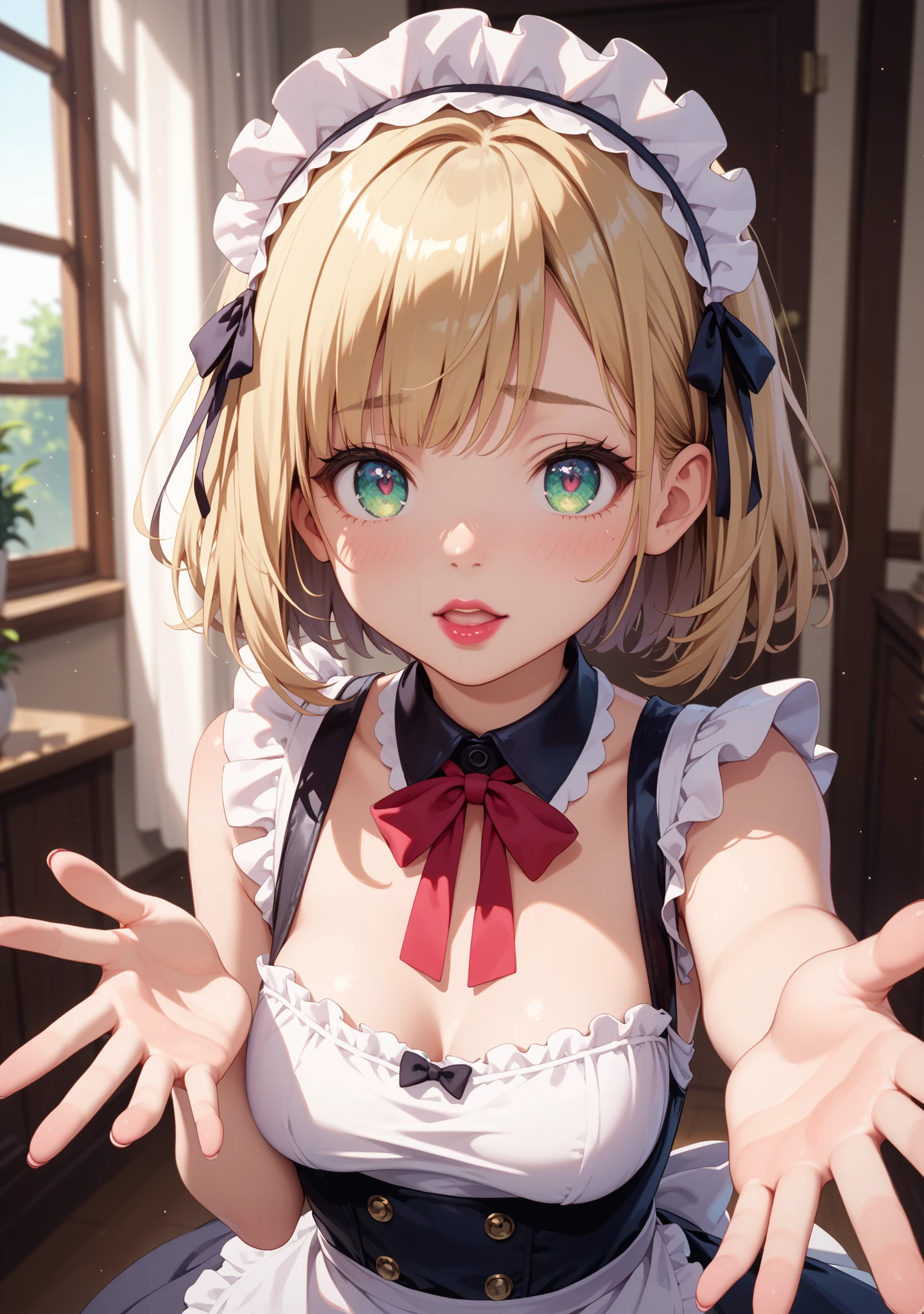 1girl, breasts, rating:safe, blonde_hair, long_hair, maid_headdress, solo, cleavage, looking_at_viewer, bow, detached_sleeves, large_breasts, yellow_eyes, maid, black_dress, bare_shoulders, blush, dress, bowtie, indoors, black_bow, frills, detached_collar, bangs, upper_body, puffy_sleeves, closed_mouth, black_neckwear, apron, eyebrows_visible_through_hair, puffy_short_sleeves