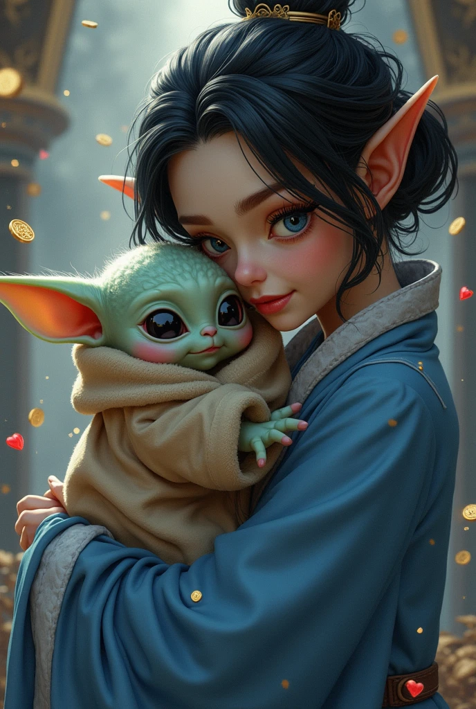 um desenho 3D, ((a beautiful little human girl with curly hair holding a baby_Yodah on his lap), Arte Digital, extremely high-resolution, Very detailed, melhor qualidade, obra prima, arte conceitual, guerra nas estrelas, artstation, CGI_Animation.