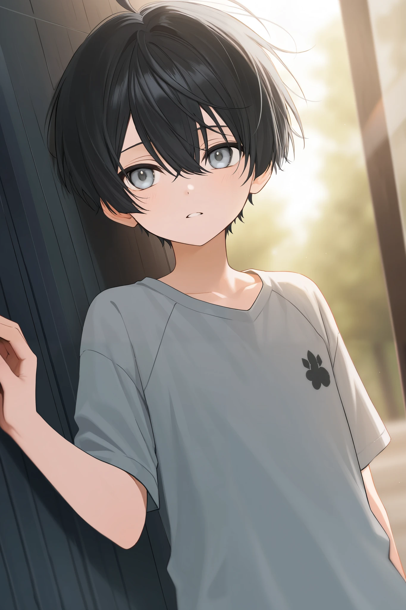 Anime young  boy with short black hair and grey eyes.