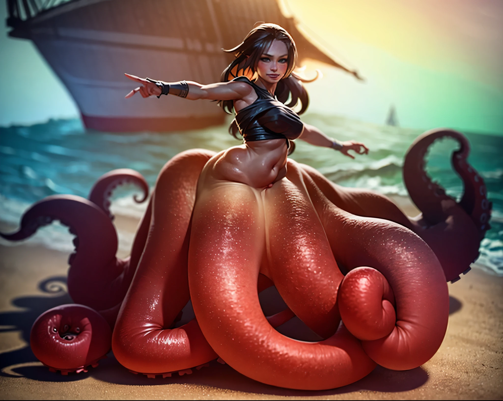 Macro, 1girl, scylla, THICK tentacles, fused at hip, smile, on a beach, full body, Original Character, Volumetric Lighting, Best Shadows, attacking a ship,, Stunningly Beautiful Girl, Delicate Beautiful Attractive Face,lamia,scyllacpt