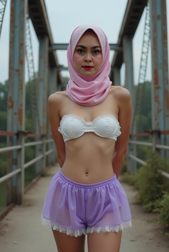 best quality, high resolution, 1 girl, young beautiful Indonesian woman in hijab, wearing white hijab, wearing see-through white panties, wearing white garter belt, wearing no bra, wearing see-through white lingerie, wearing white stockings, photorealistic, realistic, small breasts, smiling, tiny and skinny body, breezy, skin details, skin texture details, sexy body, morning time, happy, standing in crowd public, blurred background, bokeh