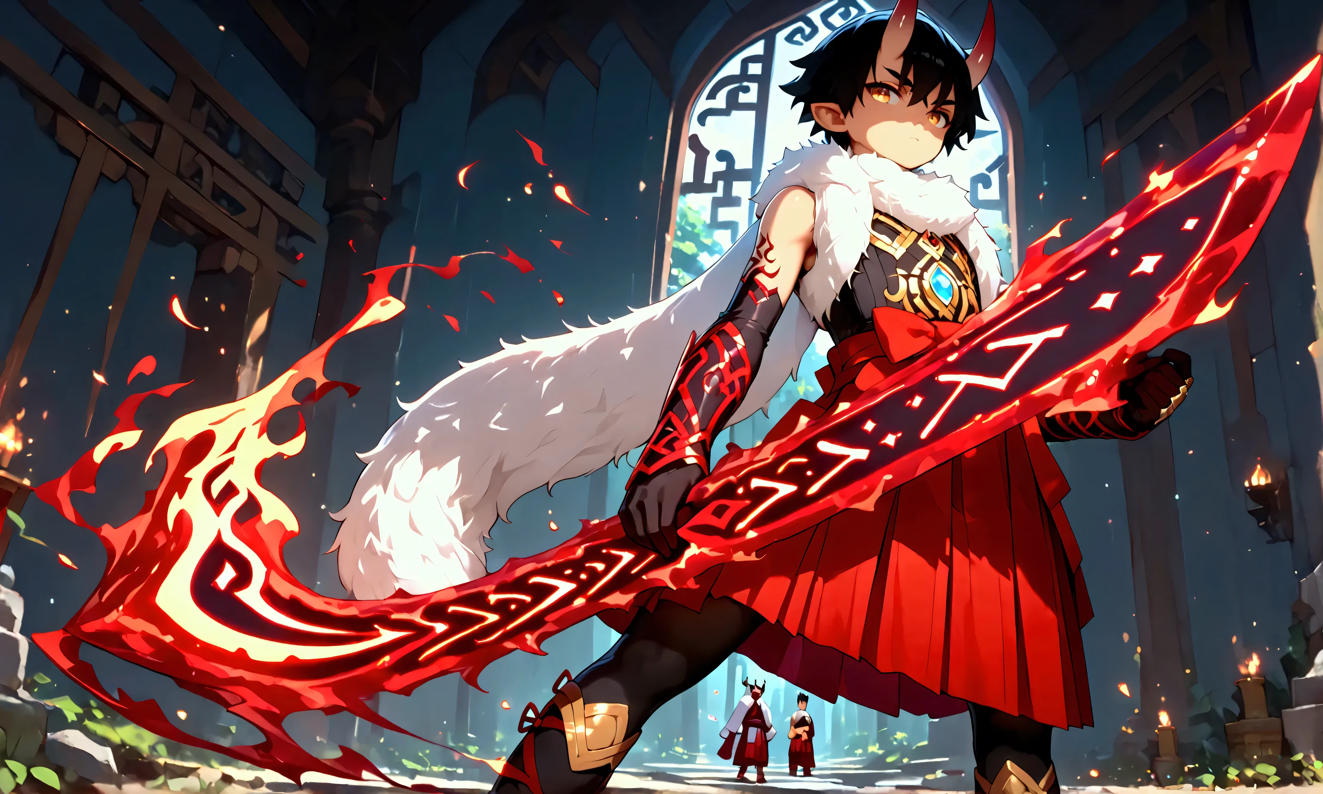 score_9, score_8_up, score_7_up, masterpiece, highest_quality, ultra_detailed, , absurdres, official_style, intricate_details, solo_boy_focus, boy is (japanese_young_boy, femboy, shota, asra_kin, (black_hair, golden_eyes):1.5, (messy_hair, very_long_hair, forehead, parted_bangs):1.5, (slant_eyes, close_set_thin_eyebrows, eye_liner), pointed_ears, oni_horns, flat_chest, thin_body, short_stature, male_bulge, (spider_pattern_clothes, kimono, haori, bandaged_arms, hakama_microskirt, white_pantyhose, fur_scarf, boots_sandal), dynamic_pose, acrobatic_pose, fighting_pose, hold_flaming_runesword, spider_thread):1.5, full_of_details, detailed_face, five_fingers, perfect_hands, perfect_fingers, dramatic_angle, dynamic_angle, dynamic_perspective, gray_background