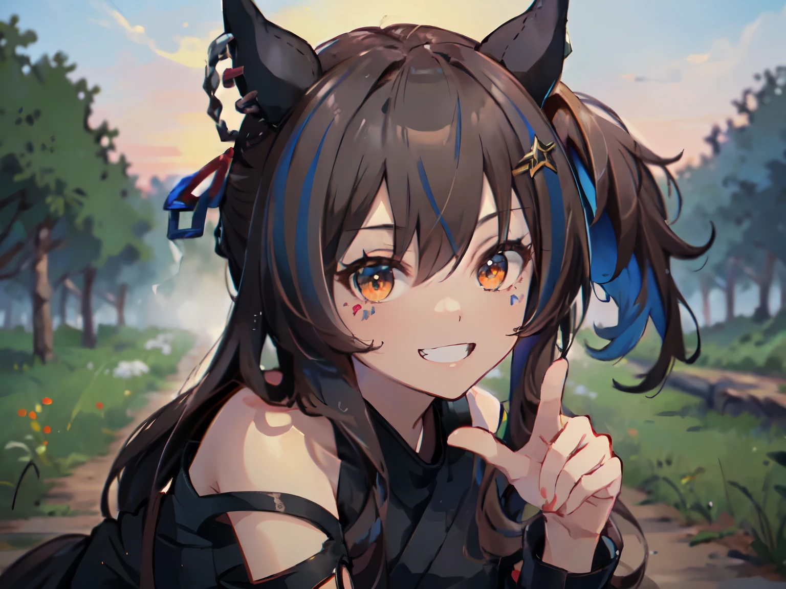 ((( The Greatest Masterpiece、 highest resolution、 best quality 、８k)))、((solo)),((alone)),Focus on the armpit、 upper body close-up 、((( super erotic)))、Big Breasts、(((Kunoichi Ninja )))、 horse ears、 black hair、((( long hair)))、Black clothes、(( dynamic posing))、Satanic Laugh 、 looking at camera 、(Red Sky)、 in the woods、