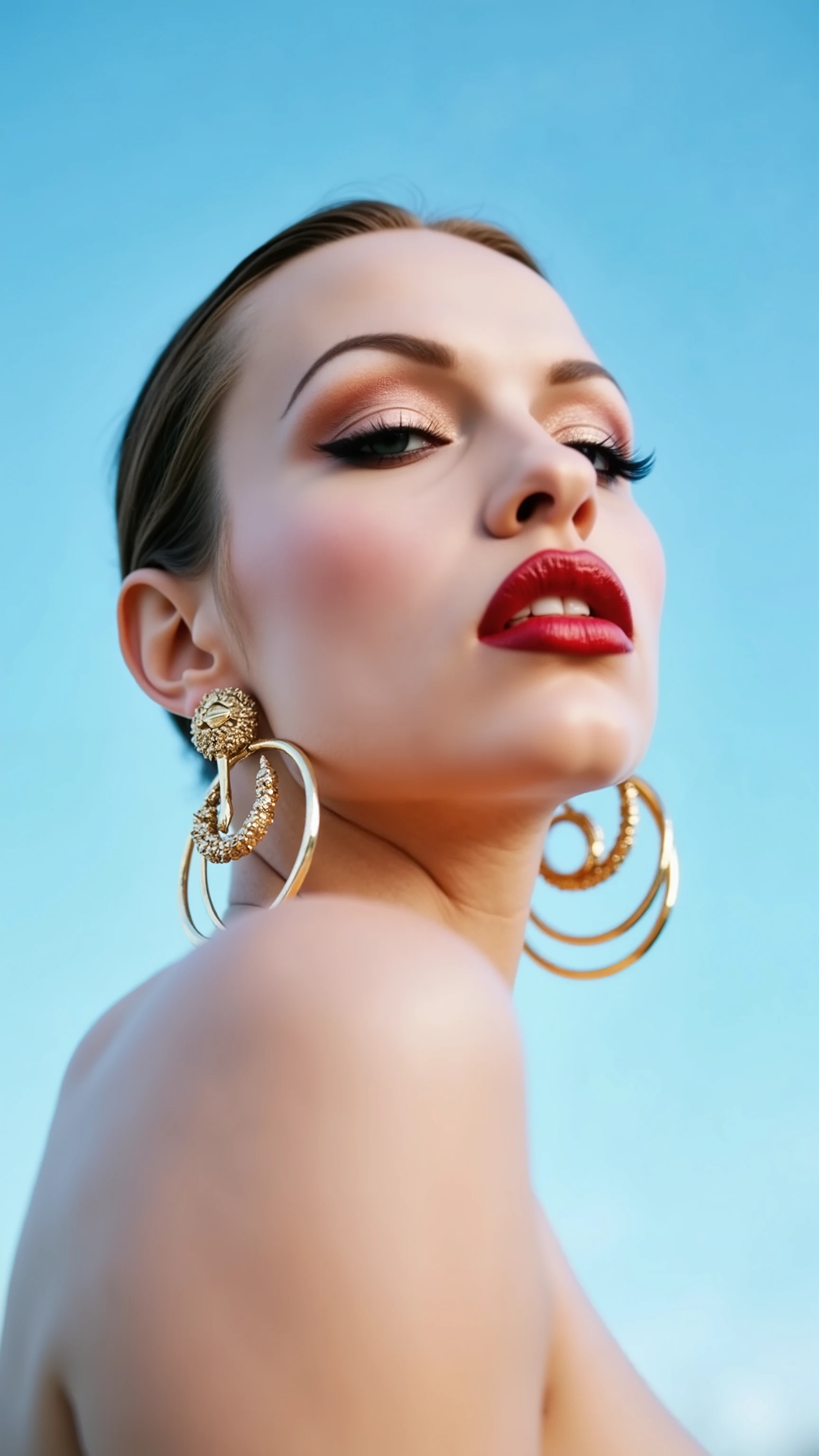 A hyper-detailed, avant-garde photograph featuring a striking woman with pale light skin against a clear, light blue sky. Her nude low-angle mid shot highlights the smooth texture of her flawless complexion. Shimmering metallic eyeshadow enhances the depth of her piercing gaze, while her glossy, deep red lips create a bold contrast to her skin. Large, intricately detailed golden hoop earrings reflect light, contributing to her modern allure. She is fully naked The reflective surfaces of her earrings and outfit create a dynamic interplay with the environment, emphasizing her sleek presence. The minimalist background allows the viewer to focus on her eye-catching fashion and makeup. Captured with a Sony A7R IV camera and a 50mm f/1.2 G Master lens for a beauty editorial shoot, this composition highlights her fashion-forward aesthetic. Inspired by avant-garde fashion photography from Sølve Sundsbø, this image blends contemporary fashion and minimalist elegance, embodying mythp0rt and niji_flux styles for a sleek, high-fashion vision. ((glow_skin, iridescent skin, oily skin, portrait)). ((no logo))