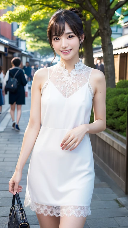 (Short black hair hanging down the shoulders: 1.3), （极其细致的CG 8k壁纸），（Extremely refined and beautiful），（Masterpiece），（best qualtiy：1.0），（超高分辨率：1.0），beautiful light up，Perfect lightning，realistic shaded，[A high resolution]，Smooth and flawless fair skin，Extremely delicate facial details，（Perfect body：1.1），ultra - detailed,1 beautiful girl，Small head,(flatchest:1.3)，Slim，Thin，Smile，cheerfulness，(Gorgeous white evening dress long dress:1.5),Slender legs,shoulder off,bare shoulders​,Upper body,Close-up Shot Shot,Cowboy shot,(Portrait above the chest:1.2),(photo booth:1.2),(Bright light:1.2),standing,Daytime scene, On the Great Wall