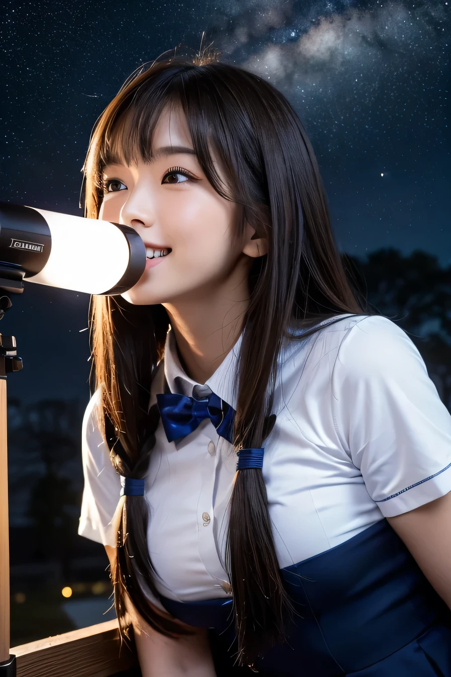 Masseter muscle part, highest quality,masterpiece, High resolution, Photoreal, Raw photo, 8k wallpaper, perfection, (dim lighting), very detailed, Depth of bounds written, (one beautiful japanese woman),(18 year old beautiful woman),(smile), detailed face, beautiful eyes, bangs, well-shaped breasts,Full chest,light brown straight hair,(thick lips),(high School),((school uniform)),(looking away:1.4),(Focusing the telescope),((starry sky)),((Staring into the dark void)),((Enjoying the night sky)),((Cute high school girl observing astronomical objects)),((from below))