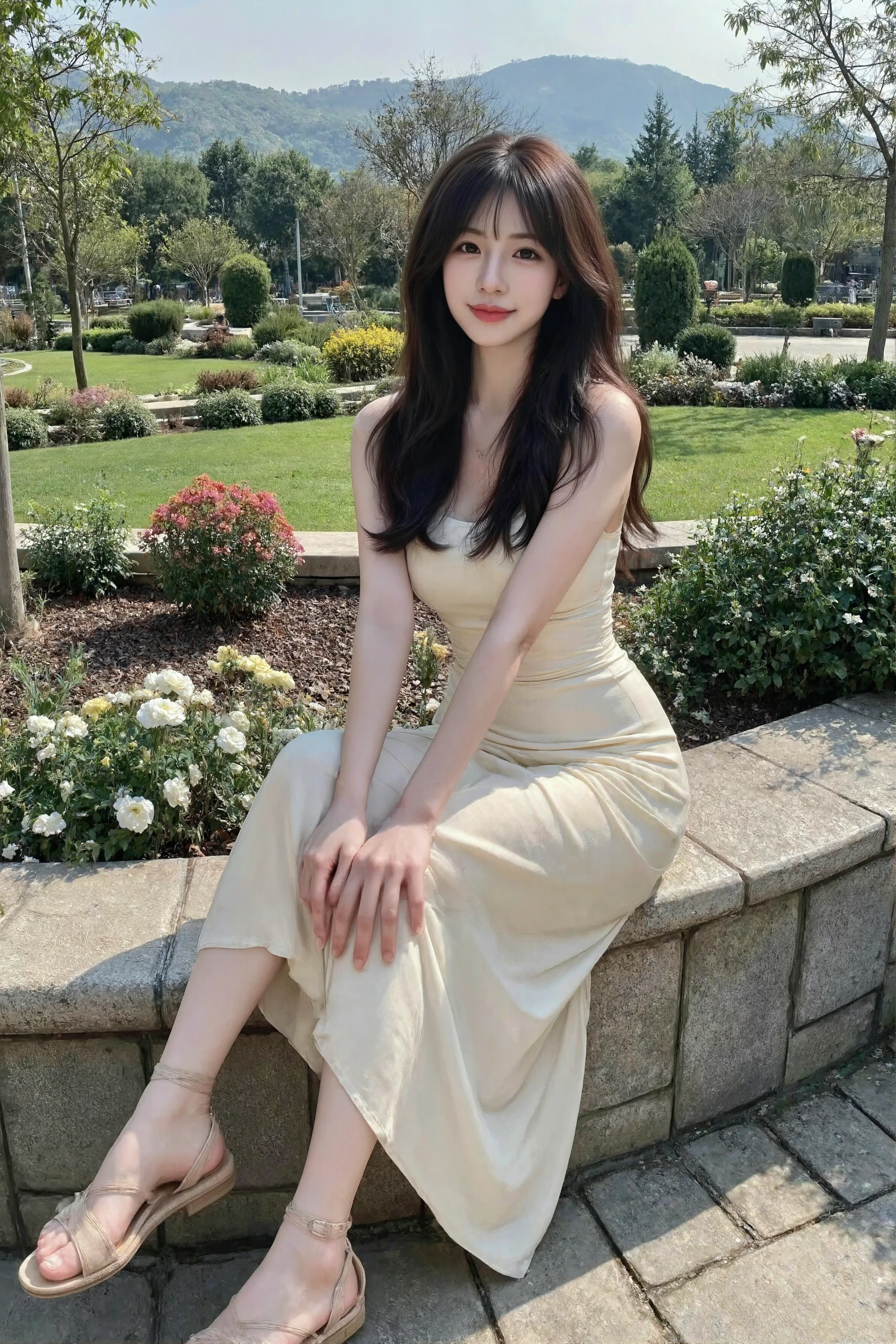 Woman sitting on stairs in a white dress, Beautiful smile, 23years old,idoly