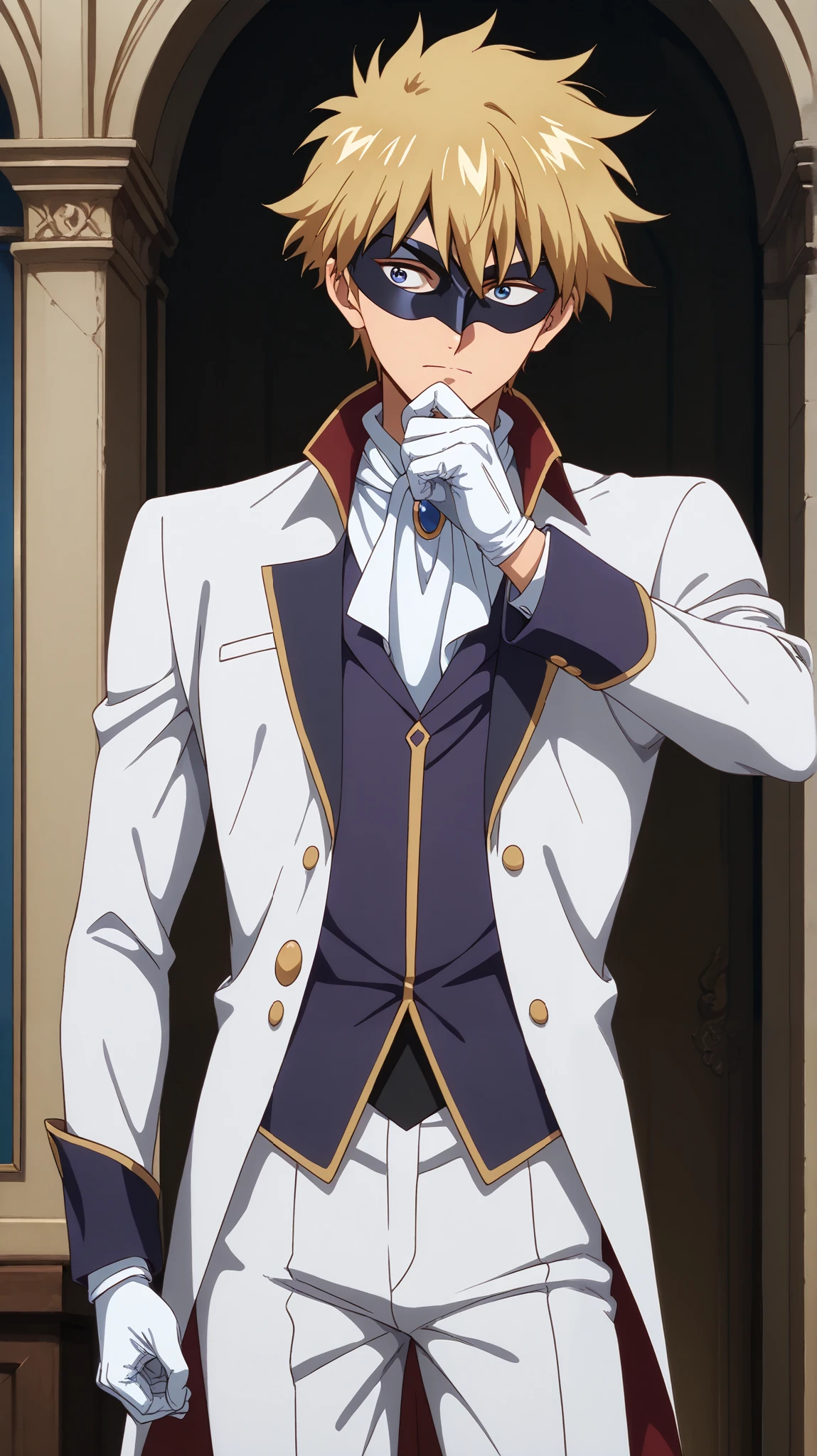 White Domino masked men anime,solo,male focus,prince uniform,suit,full eye mask,white glove,mask,villian,1boy,