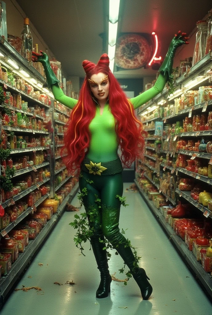 Nina Dobrev as Poison Ivy, (green body paint), shy, embarrassed, (standing on stage), in a bar, braids, hands behind head